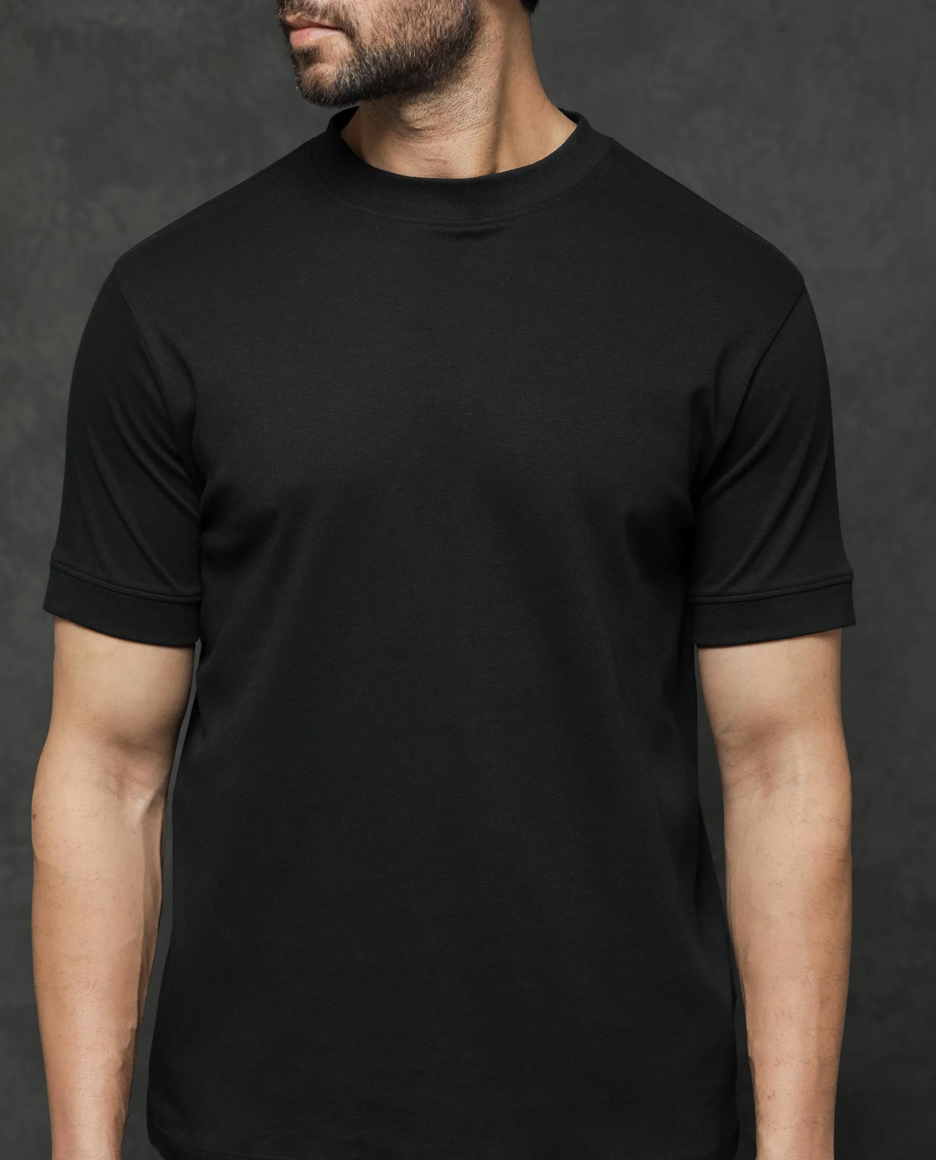 Rare Rabbit Men's Guild Casual Mano Black Cotton Plain Slim Fit Half Sleeve Crew Neck T-Shirt - Image 5