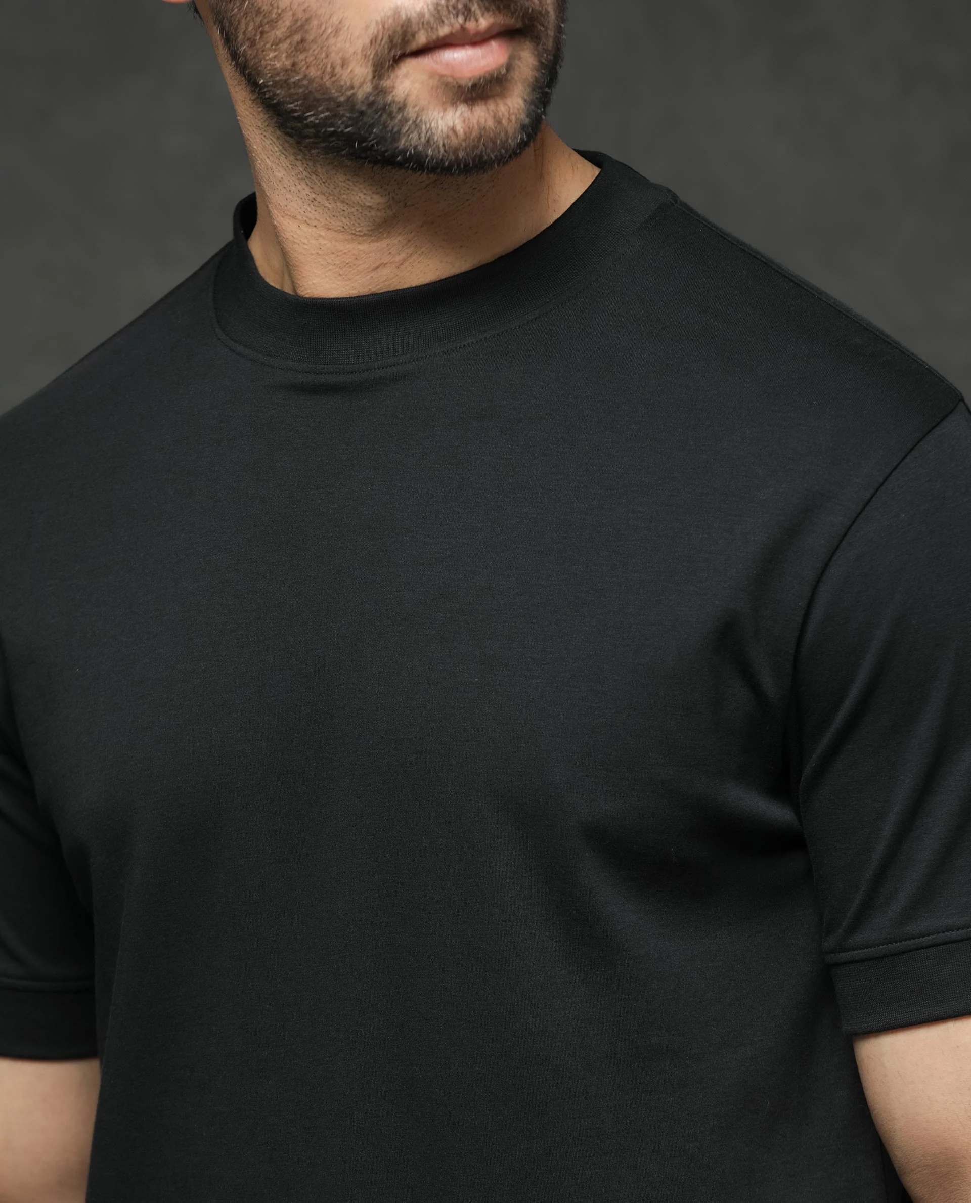 Rare Rabbit Men's Guild Casual Mano Black Cotton Plain Slim Fit Half Sleeve Crew Neck T-Shirt - Image 6