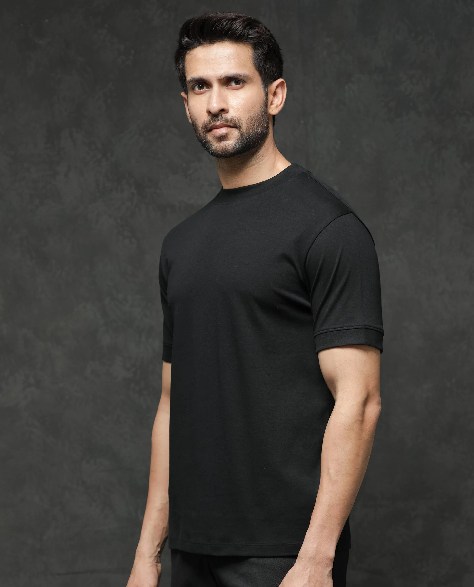 Rare Rabbit Men's Guild Casual Mano Black Cotton Plain Slim Fit Half Sleeve Crew Neck T-Shirt - Image 7