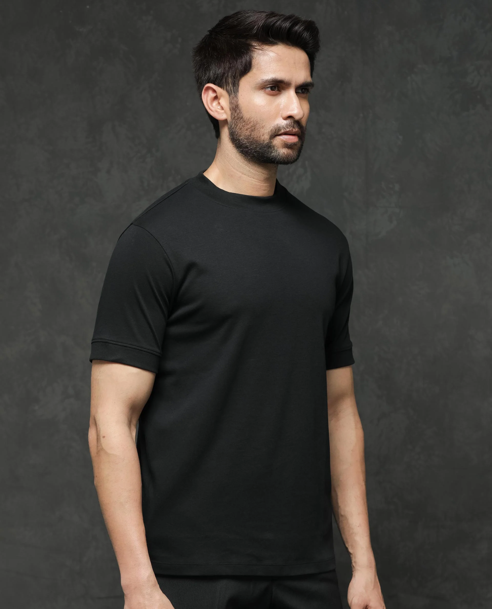 Rare Rabbit Men's Guild Casual Mano Black Cotton Plain Slim Fit Half Sleeve Crew Neck T-Shirt - Image 8