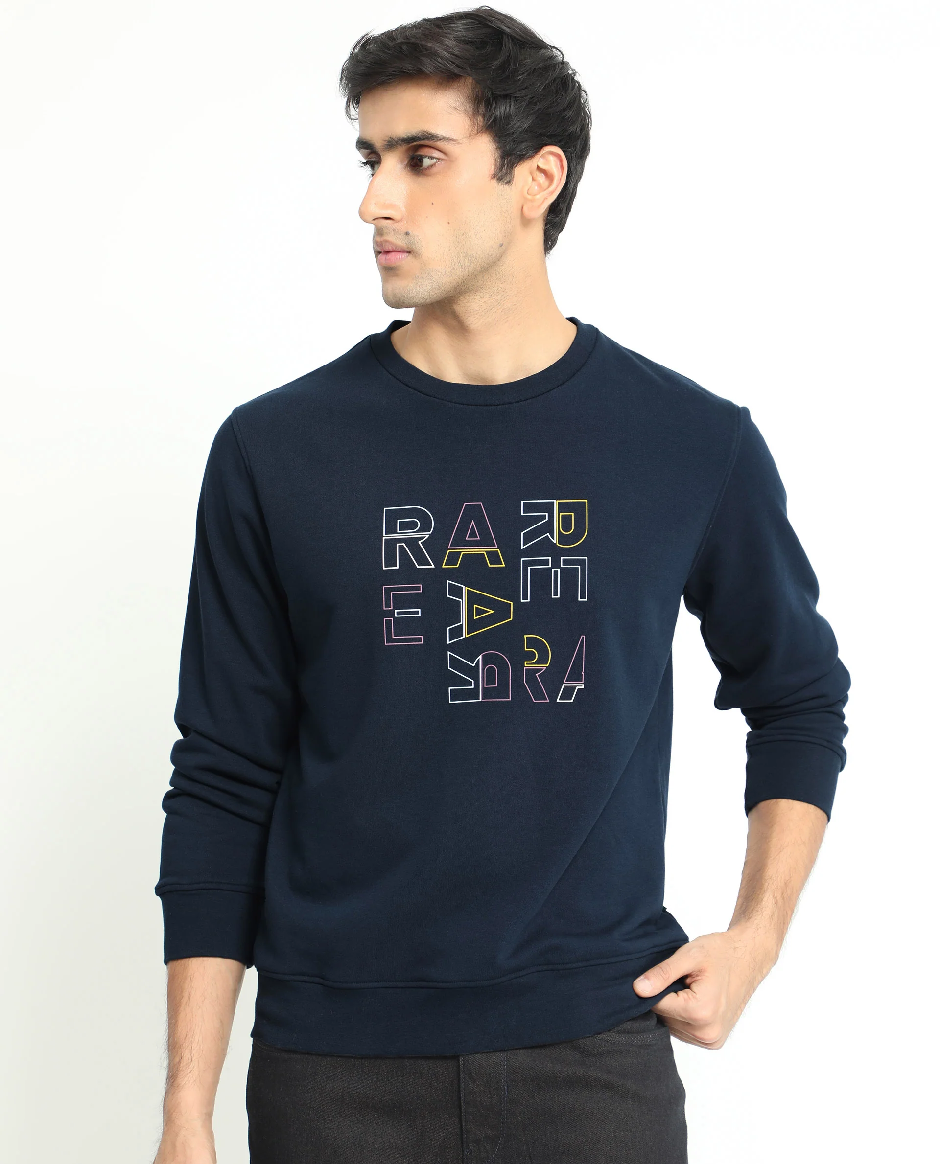 Rare Rabbit Men's Manor Navy Cotton Graphic Print Regular Fit Full Sleeve Crew Neck Sweatshirt - Image 2