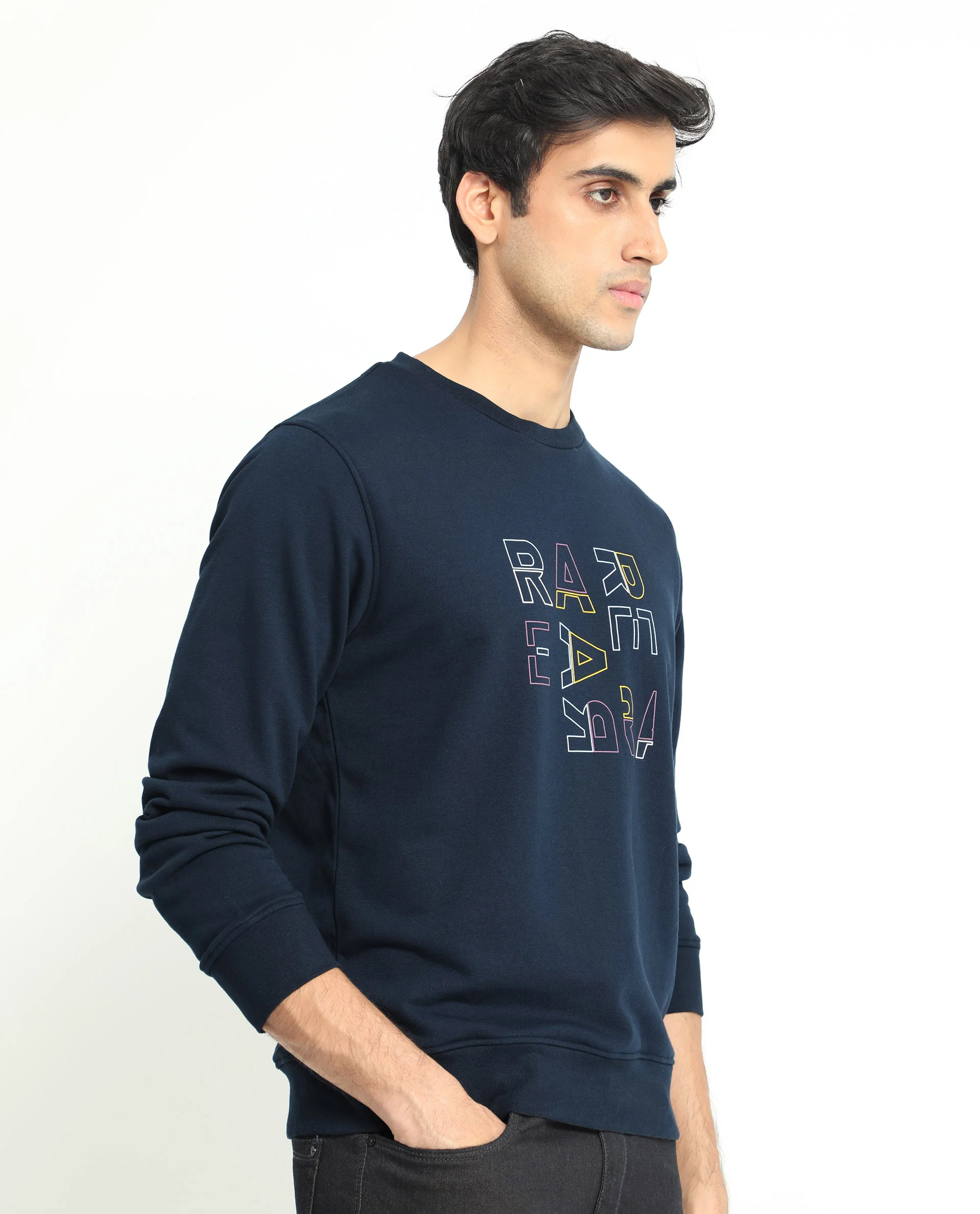 Rare Rabbit Men's Manor Navy Cotton Graphic Print Regular Fit Full Sleeve Crew Neck Sweatshirt - Image 3
