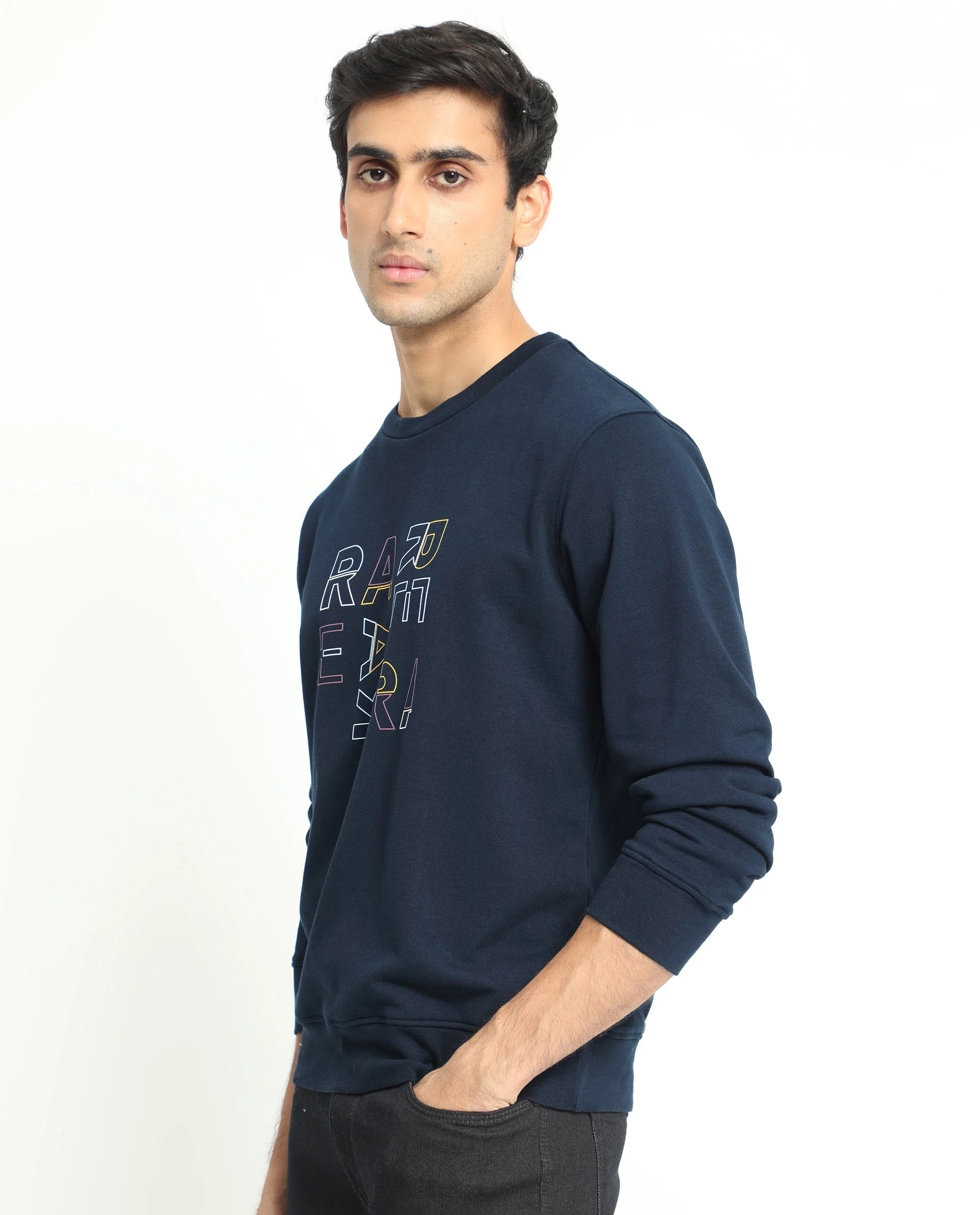 Rare Rabbit Men's Manor Navy Cotton Graphic Print Regular Fit Full Sleeve Crew Neck Sweatshirt - Image 4