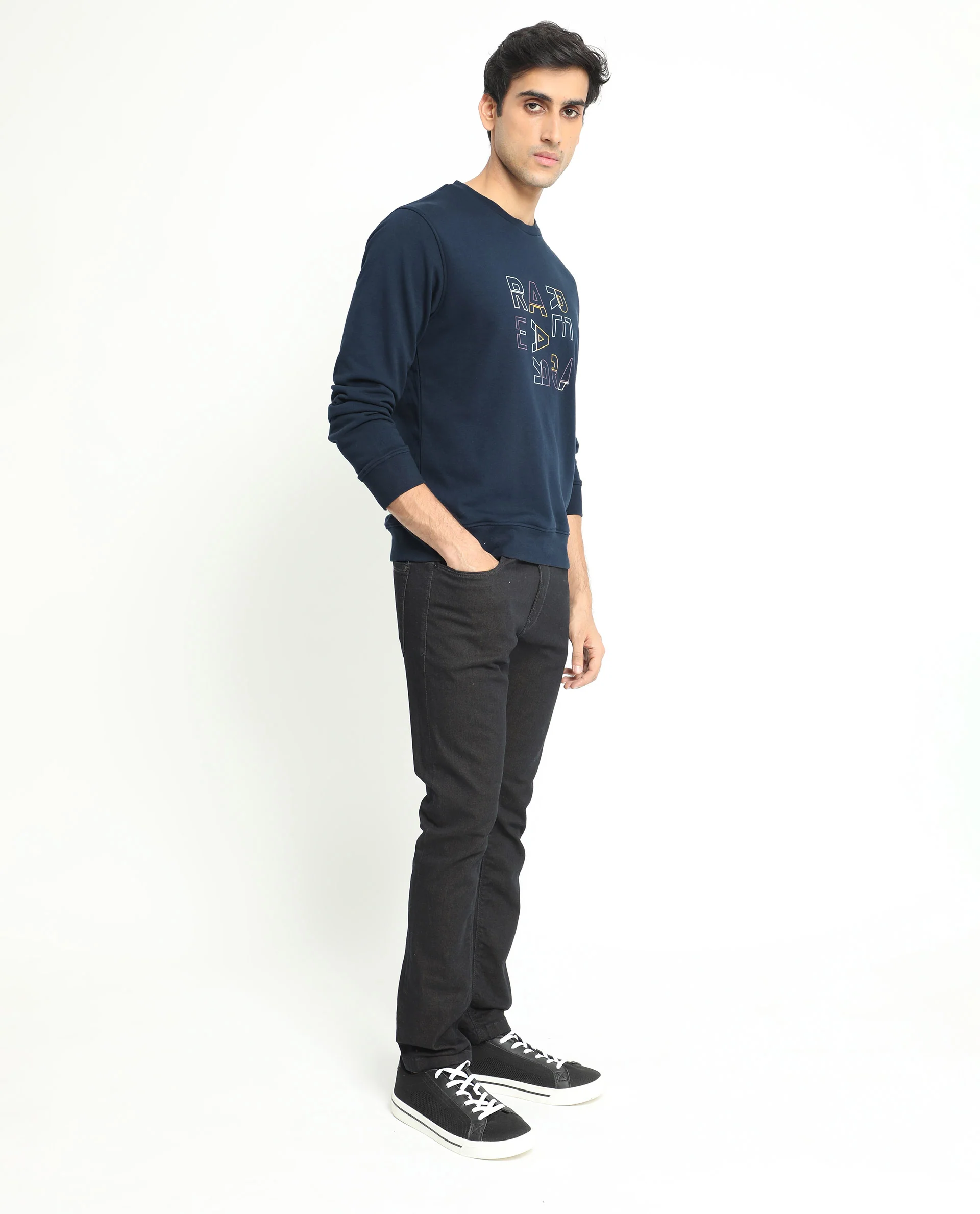 Rare Rabbit Men's Manor Navy Cotton Graphic Print Regular Fit Full Sleeve Crew Neck Sweatshirt - Image 5