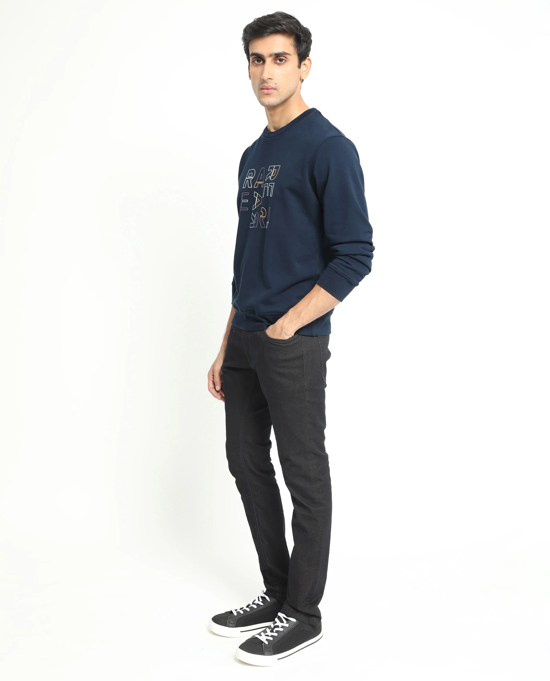 Rare Rabbit Men's Manor Navy Cotton Graphic Print Regular Fit Full Sleeve Crew Neck Sweatshirt - Image 6