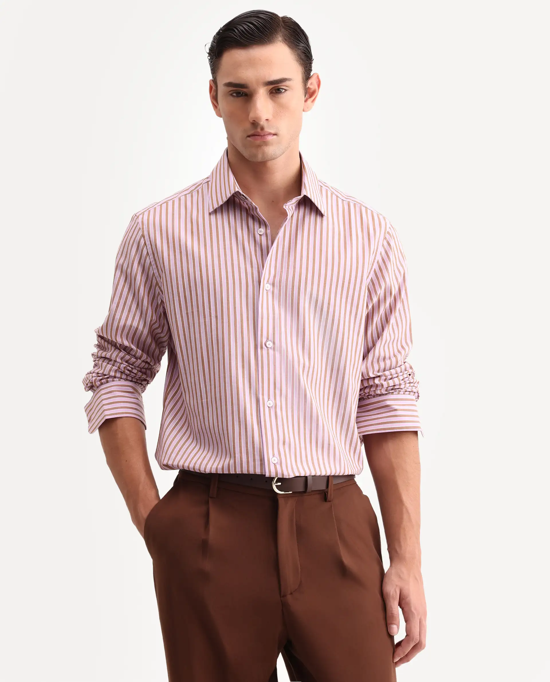 Rare Rabbit Men's Mant Pink Cotton Full Sleeve Spread Collar Regular Fit Striped Shirt - Image 4