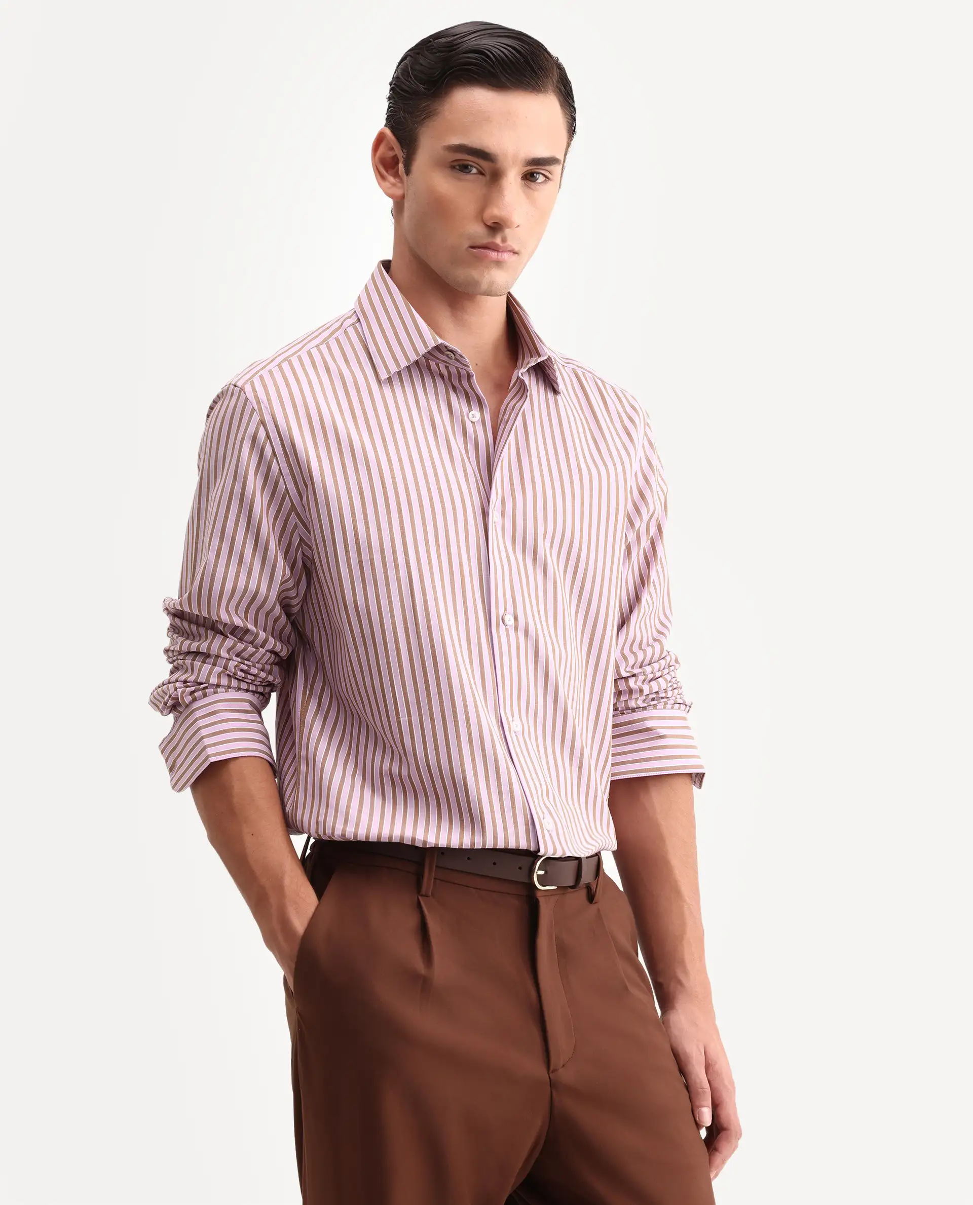 Rare Rabbit Men's Mant Pink Cotton Full Sleeve Spread Collar Regular Fit Striped Shirt - Image 5