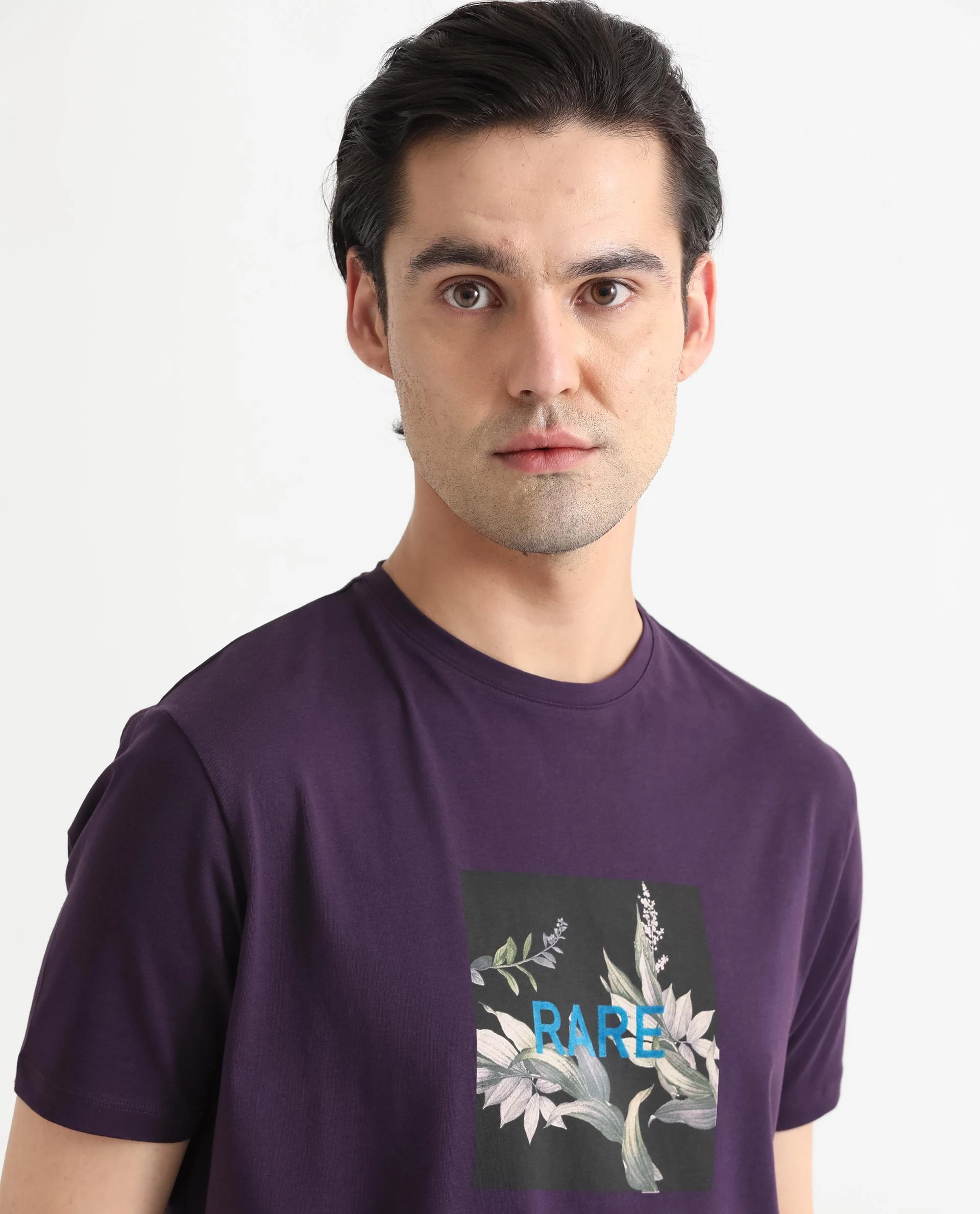 Rare Rabbit Men's Mant Purple Cotton Graphic Print Slim Fit Half Sleeve Crew Neck T-Shirt - Image 2