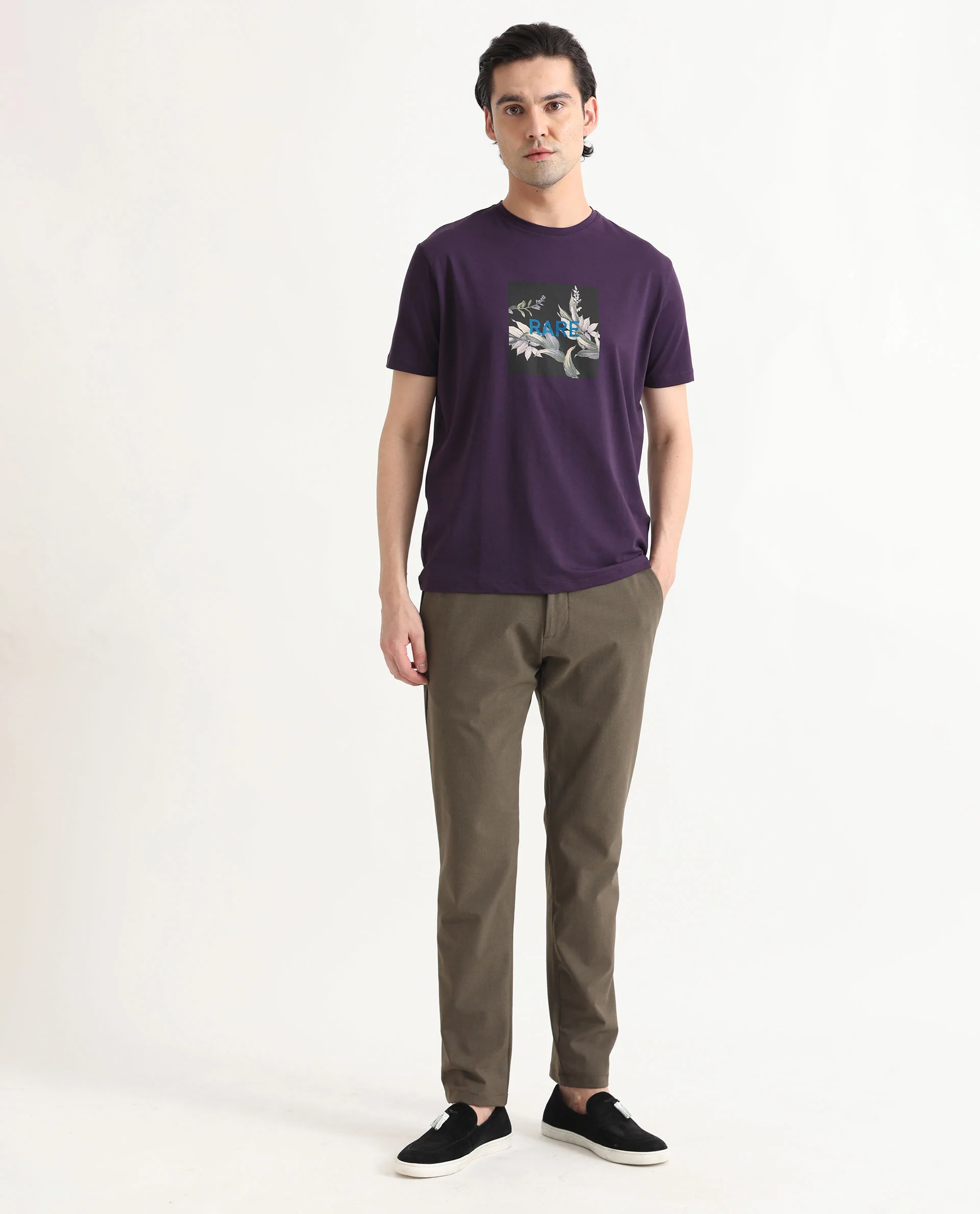 Rare Rabbit Men's Mant Purple Cotton Graphic Print Slim Fit Half Sleeve Crew Neck T-Shirt - Image 3