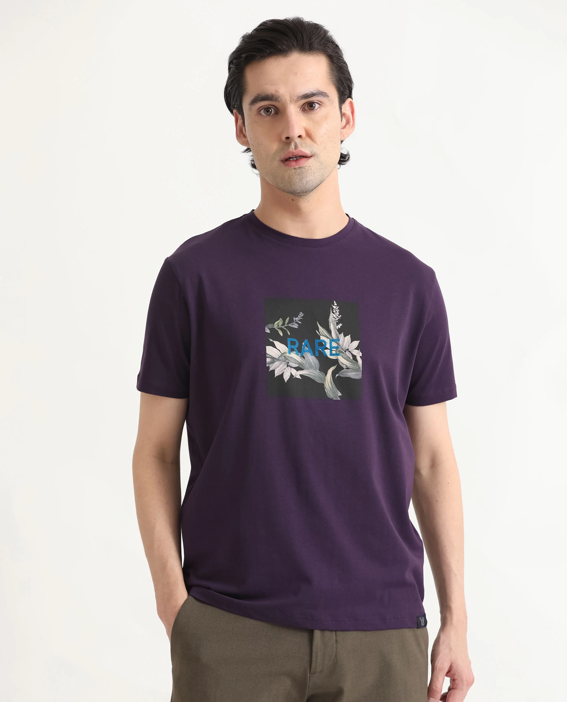 Rare Rabbit Men's Mant Purple Cotton Graphic Print Slim Fit Half Sleeve Crew Neck T-Shirt - Image 4
