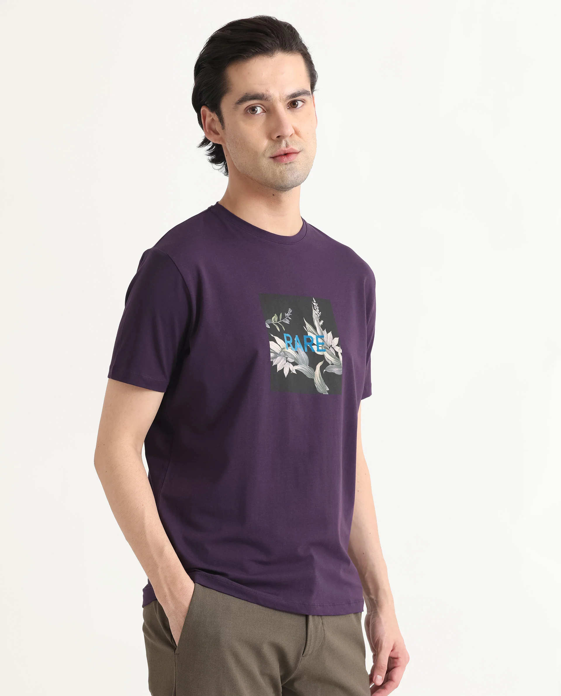 Rare Rabbit Men's Mant Purple Cotton Graphic Print Slim Fit Half Sleeve Crew Neck T-Shirt - Image 5