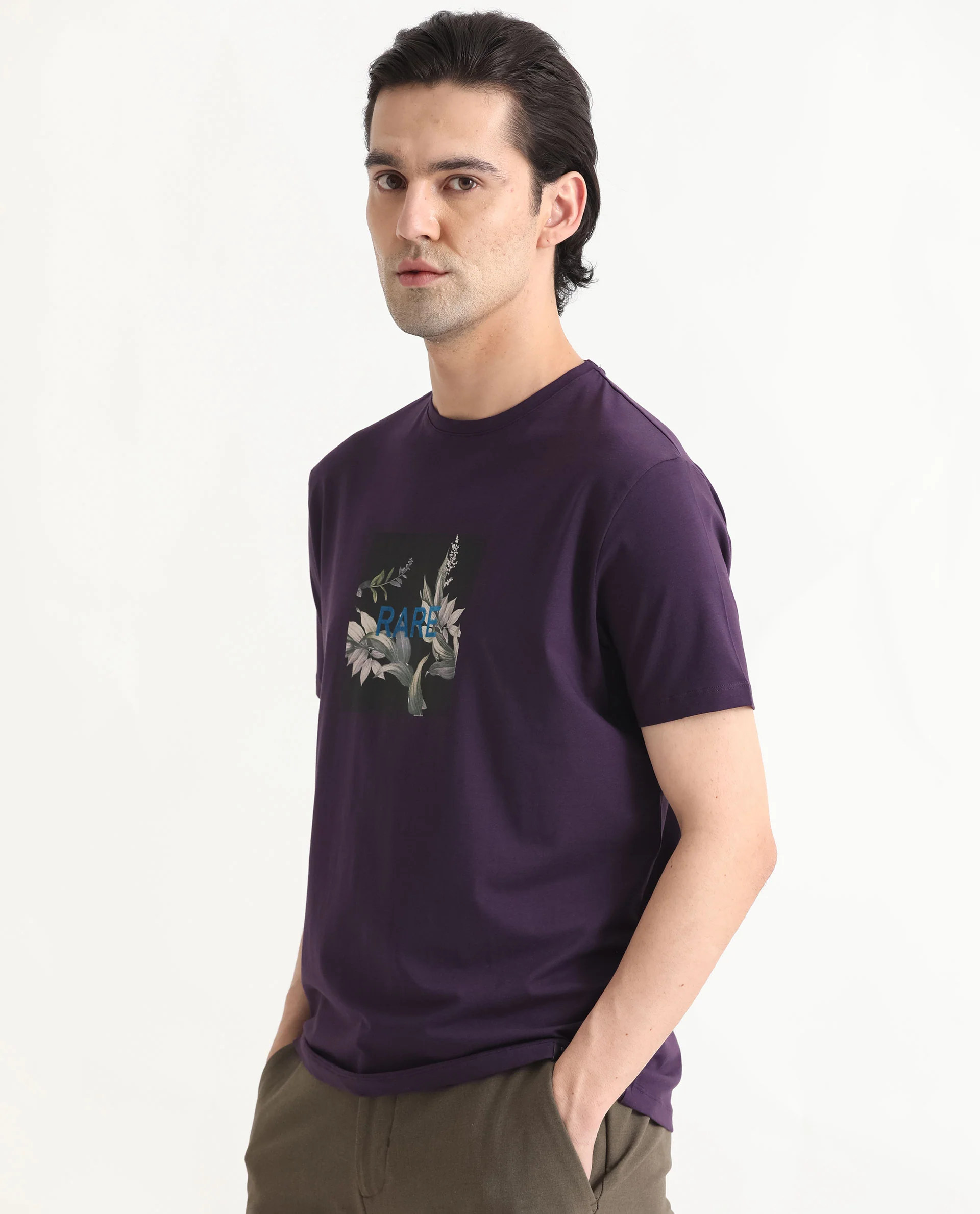 Rare Rabbit Men's Mant Purple Cotton Graphic Print Slim Fit Half Sleeve Crew Neck T-Shirt - Image 6