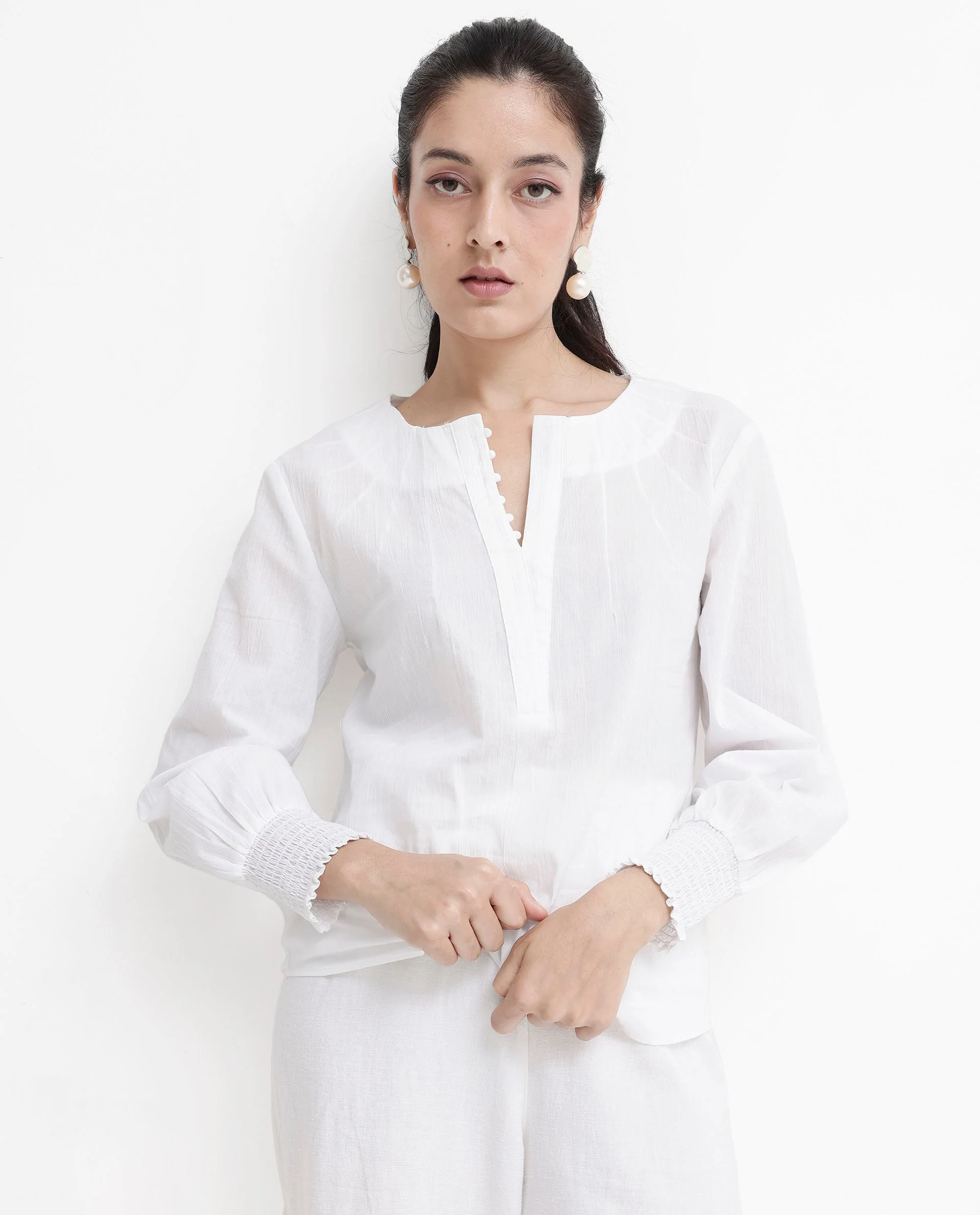Rareism Women's Mante White Cotton Crew Neck Plain Bishop Sleeve Regular Fit Top - Image 10