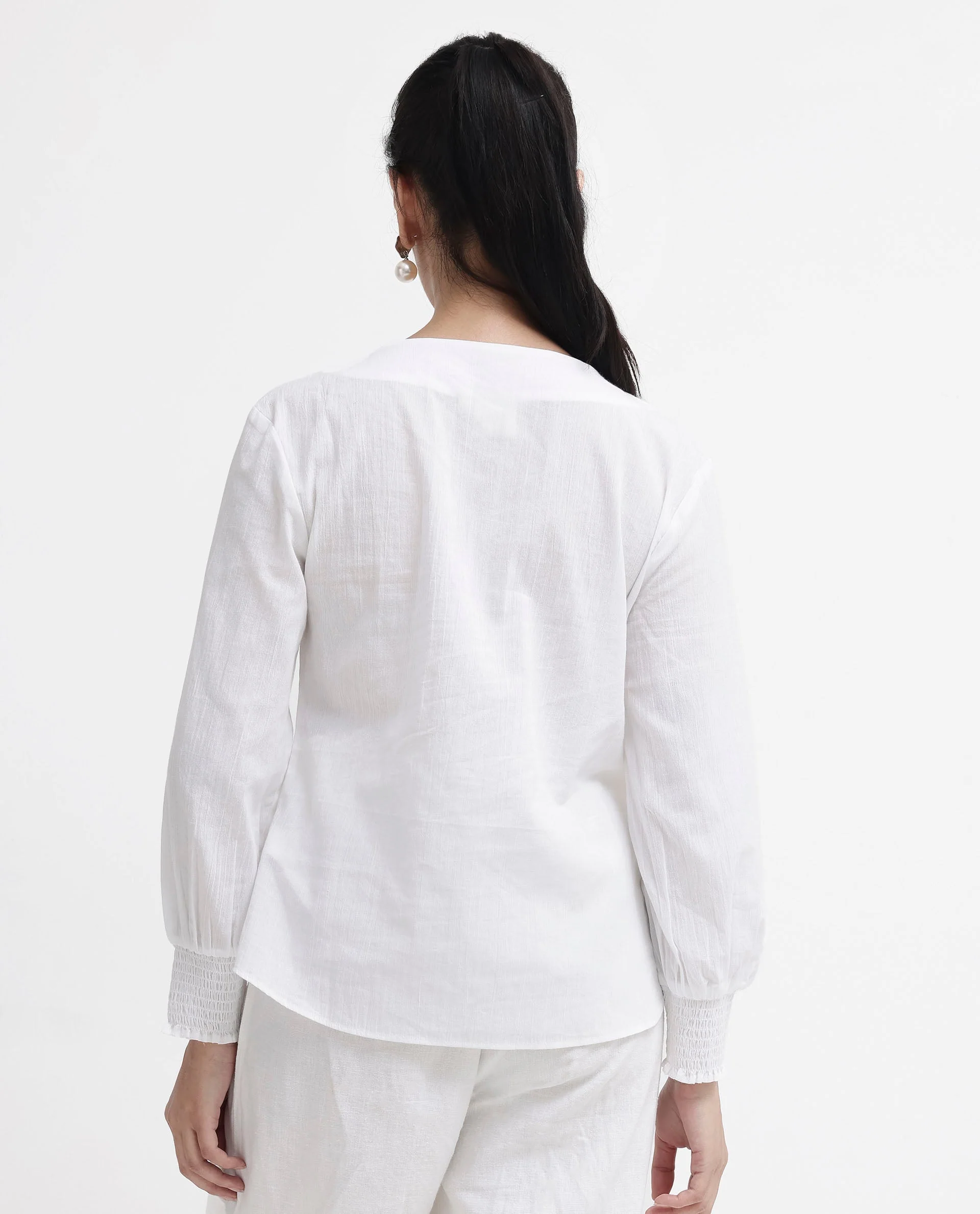 Rareism Women's Mante White Cotton Crew Neck Plain Bishop Sleeve Regular Fit Top - Image 11