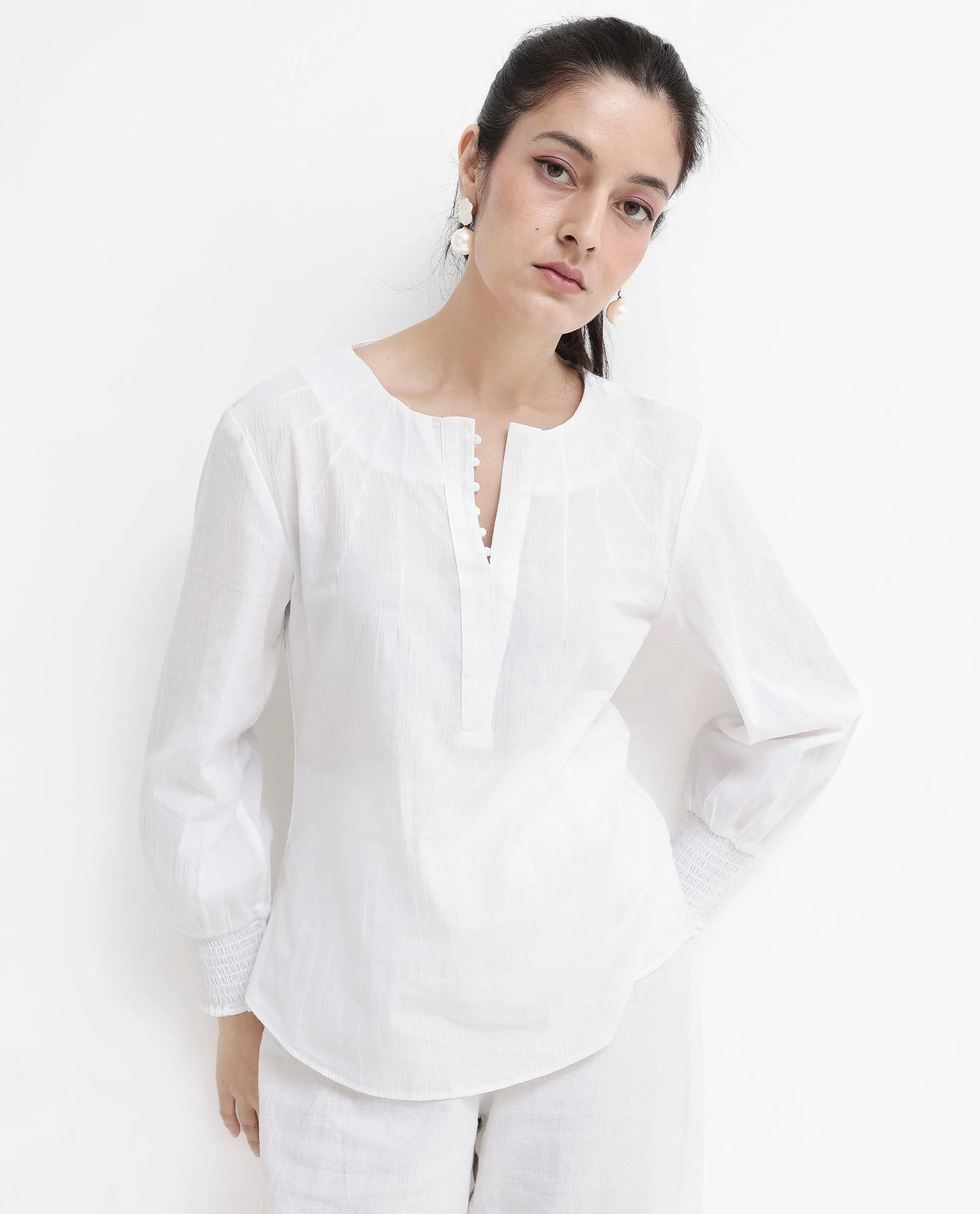 Rareism Women's Mante White Cotton Crew Neck Plain Bishop Sleeve Regular Fit Top - Image 2