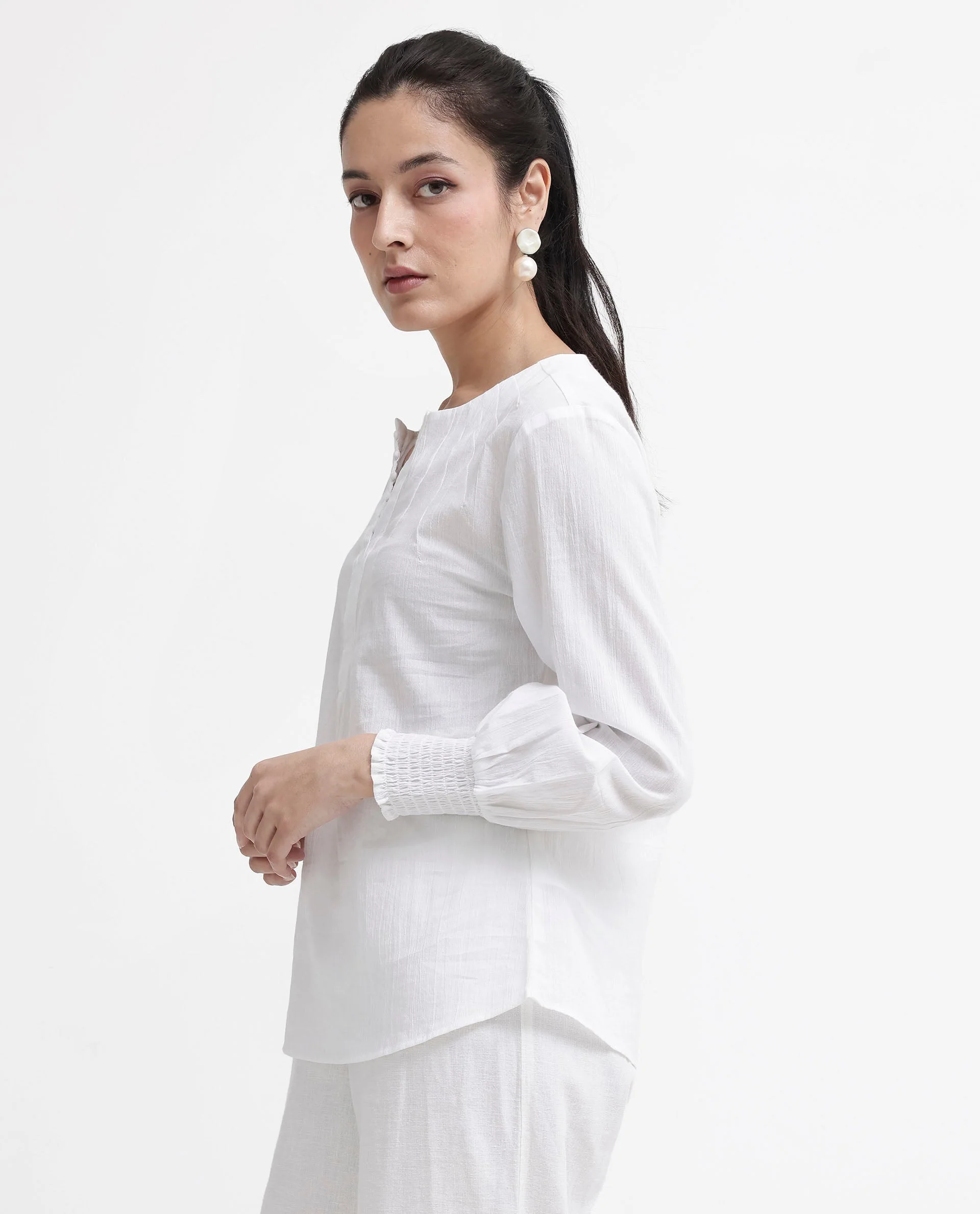 Rareism Women's Mante White Cotton Crew Neck Plain Bishop Sleeve Regular Fit Top - Image 4