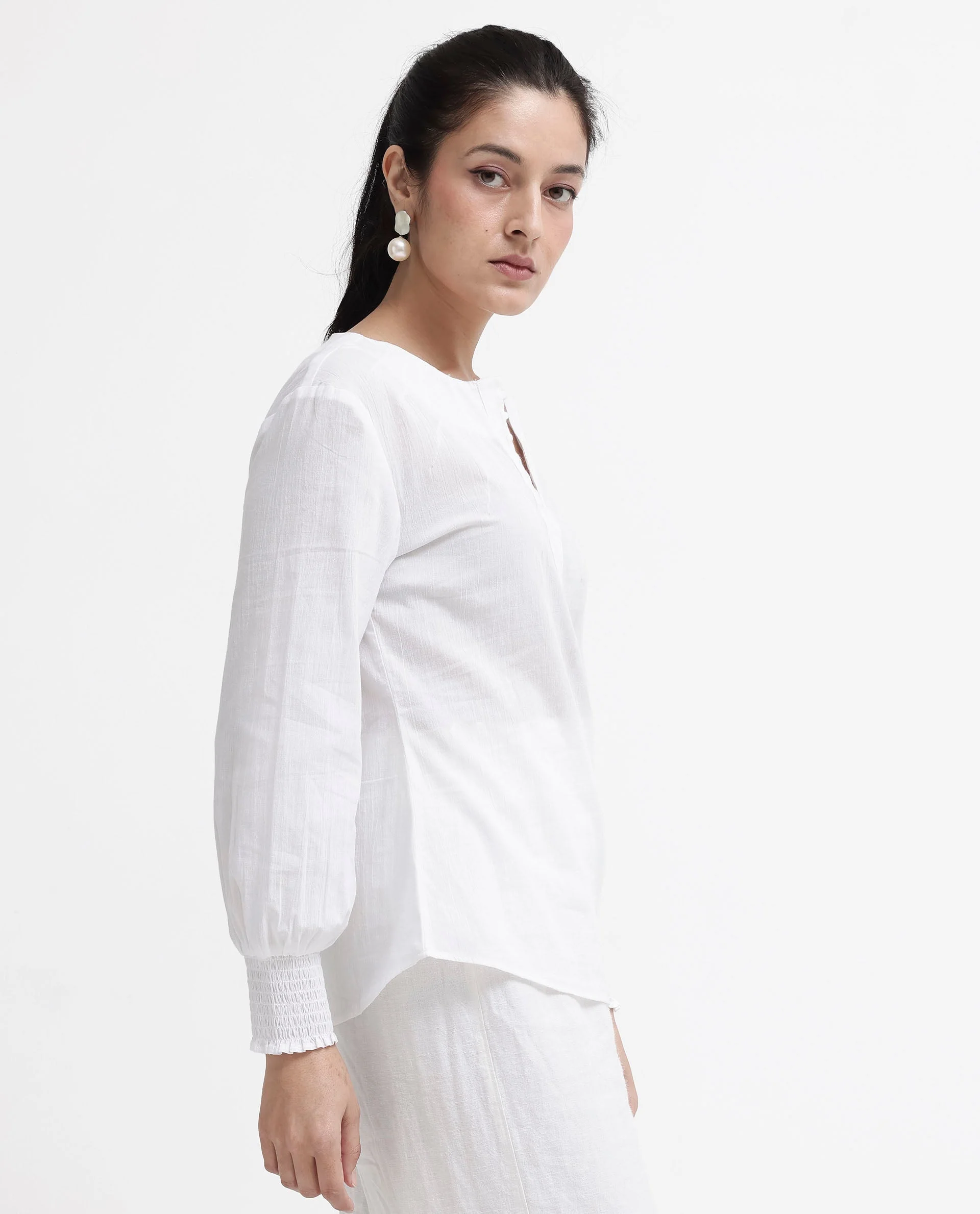 Rareism Women's Mante White Cotton Crew Neck Plain Bishop Sleeve Regular Fit Top - Image 5