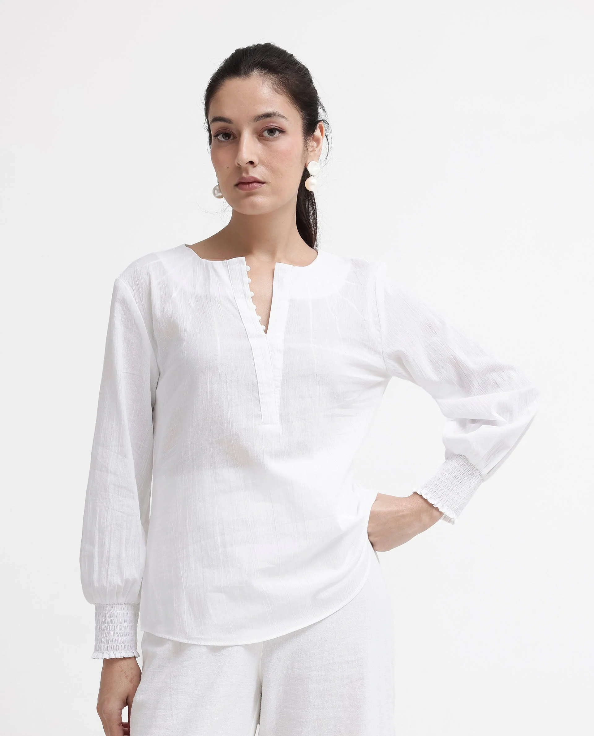Rareism Women's Mante White Cotton Crew Neck Plain Bishop Sleeve Regular Fit Top - Image 7