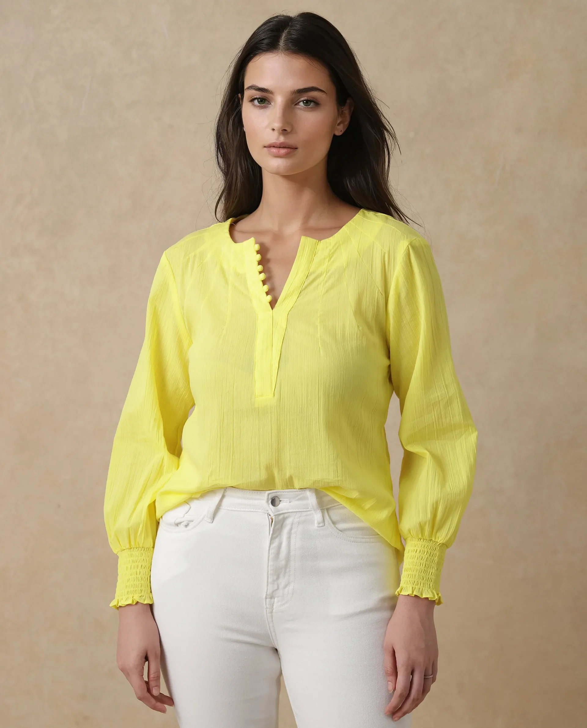 Rareism Women's Mante Yellow Cotton Crew Neck Plain Bishop Sleeve Regular Fit Top - Image 2