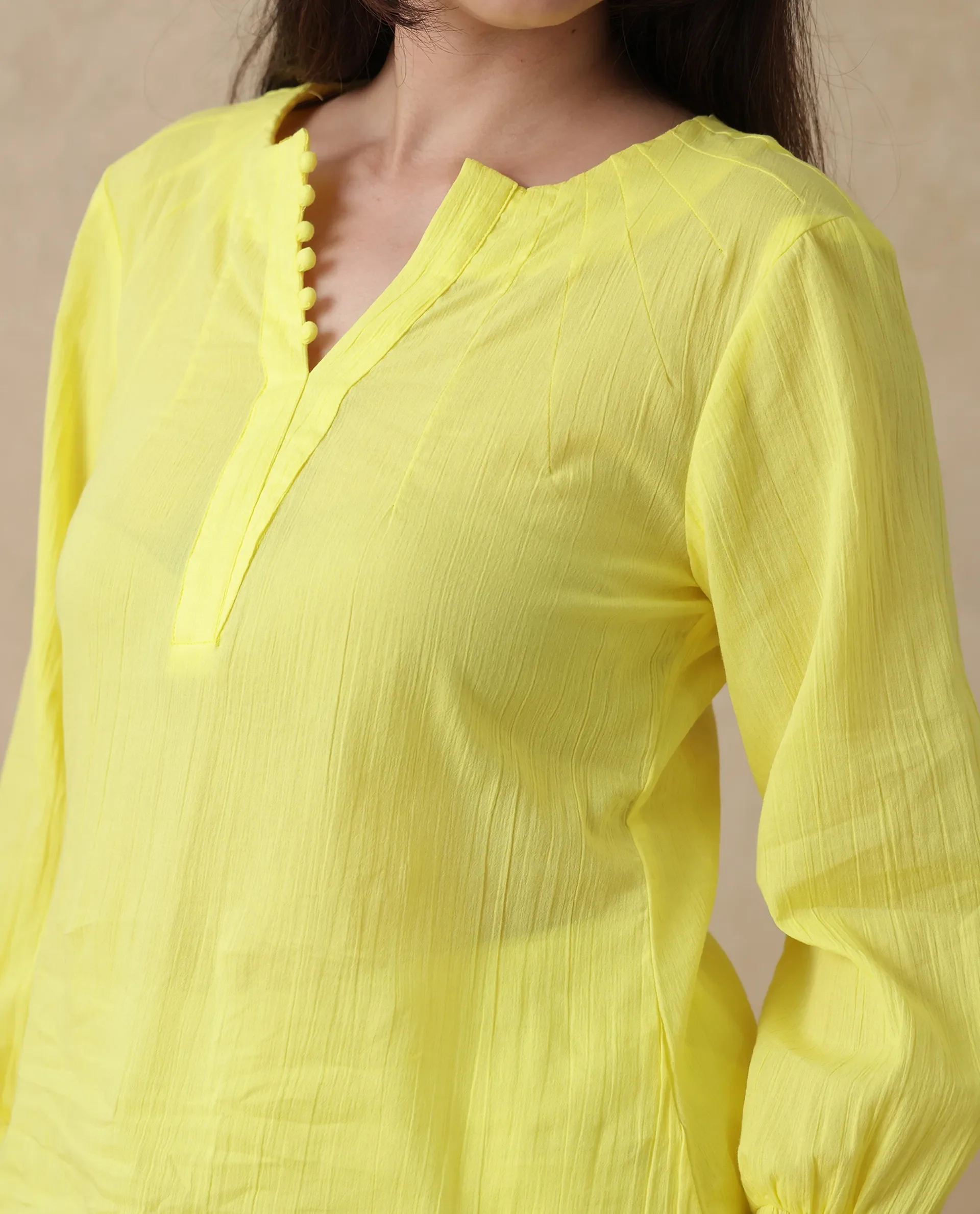 Rareism Women's Mante Yellow Cotton Crew Neck Plain Bishop Sleeve Regular Fit Top - Image 4