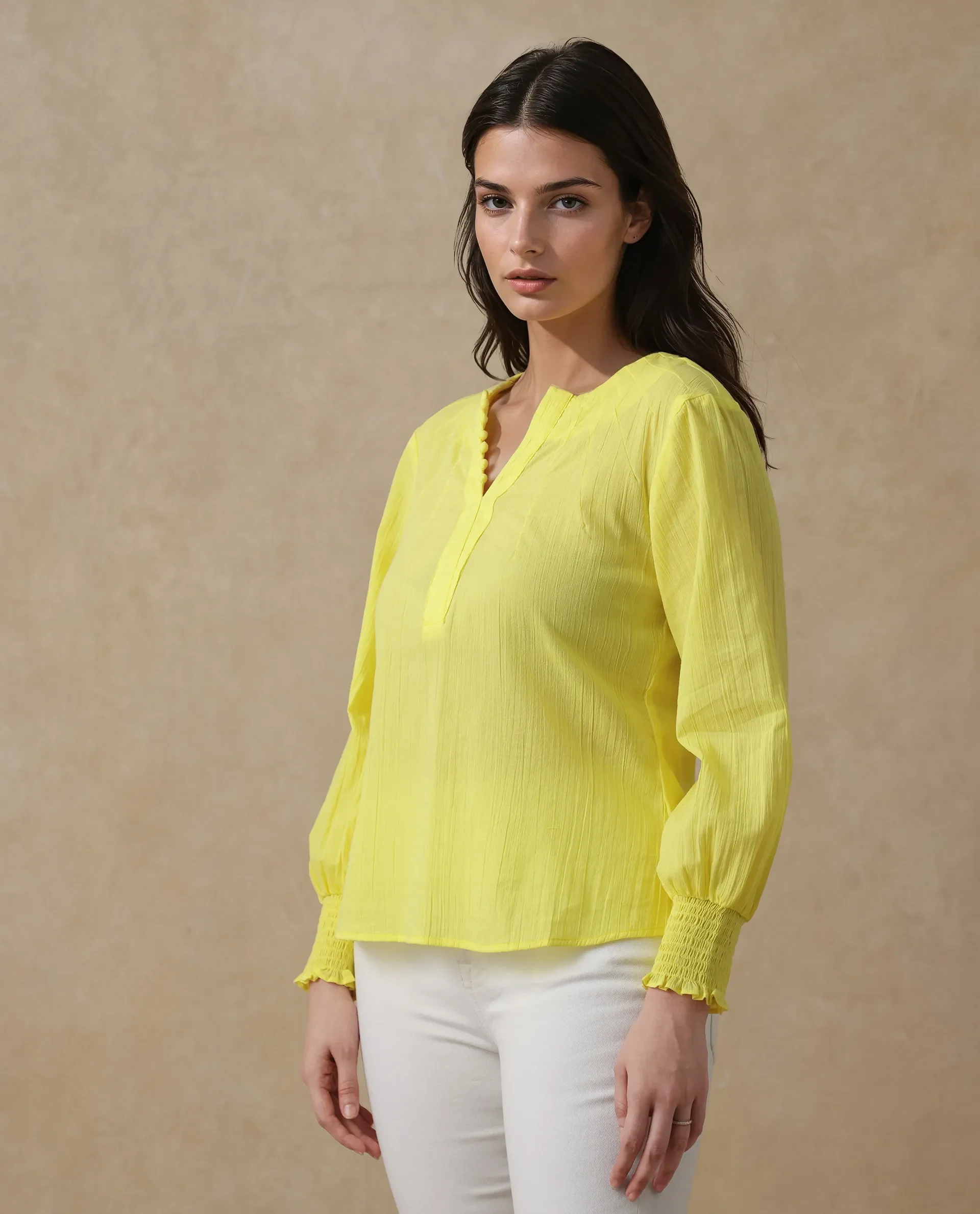 Rareism Women's Mante Yellow Cotton Crew Neck Plain Bishop Sleeve Regular Fit Top - Image 5