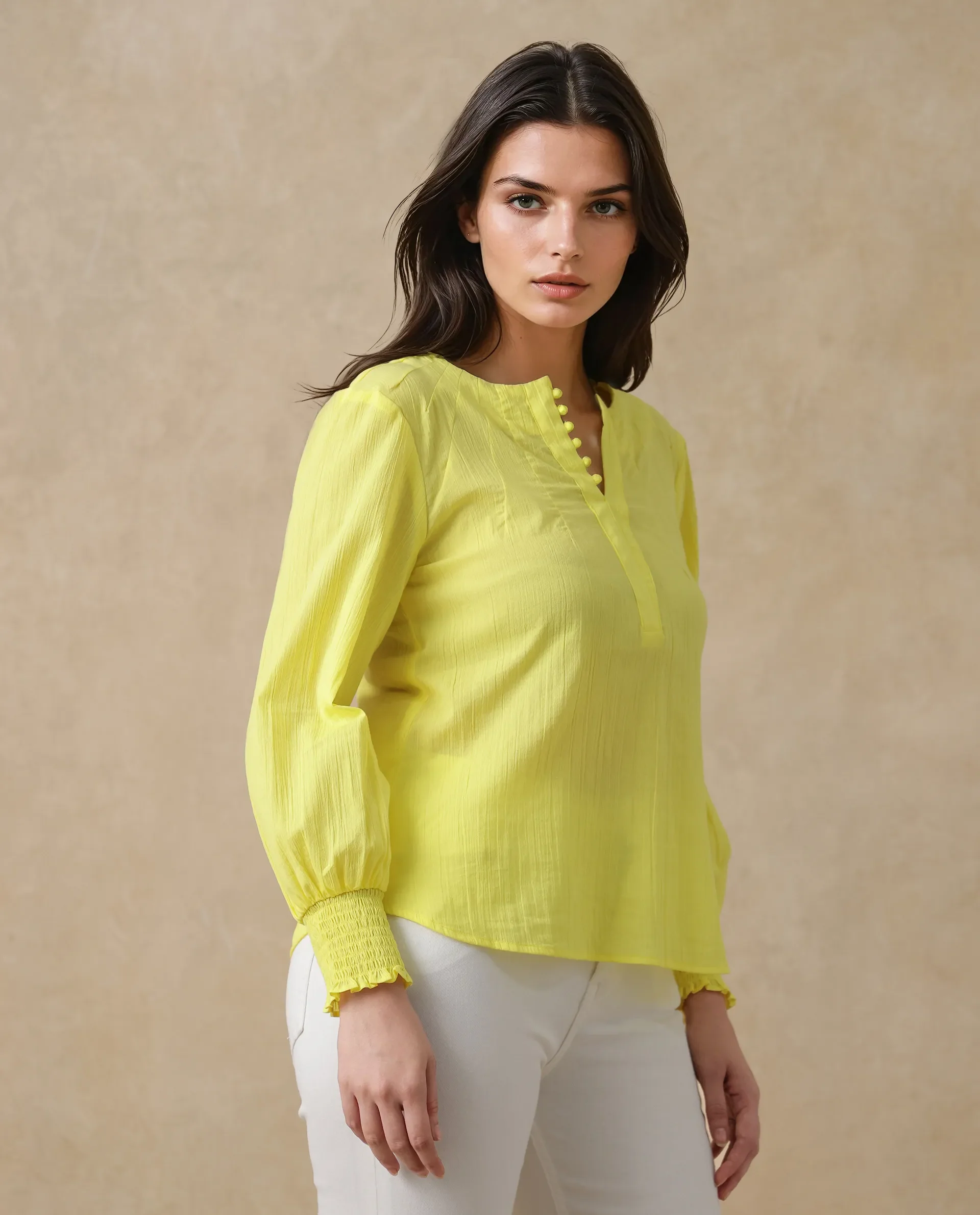 Rareism Women's Mante Yellow Cotton Crew Neck Plain Bishop Sleeve Regular Fit Top - Image 6
