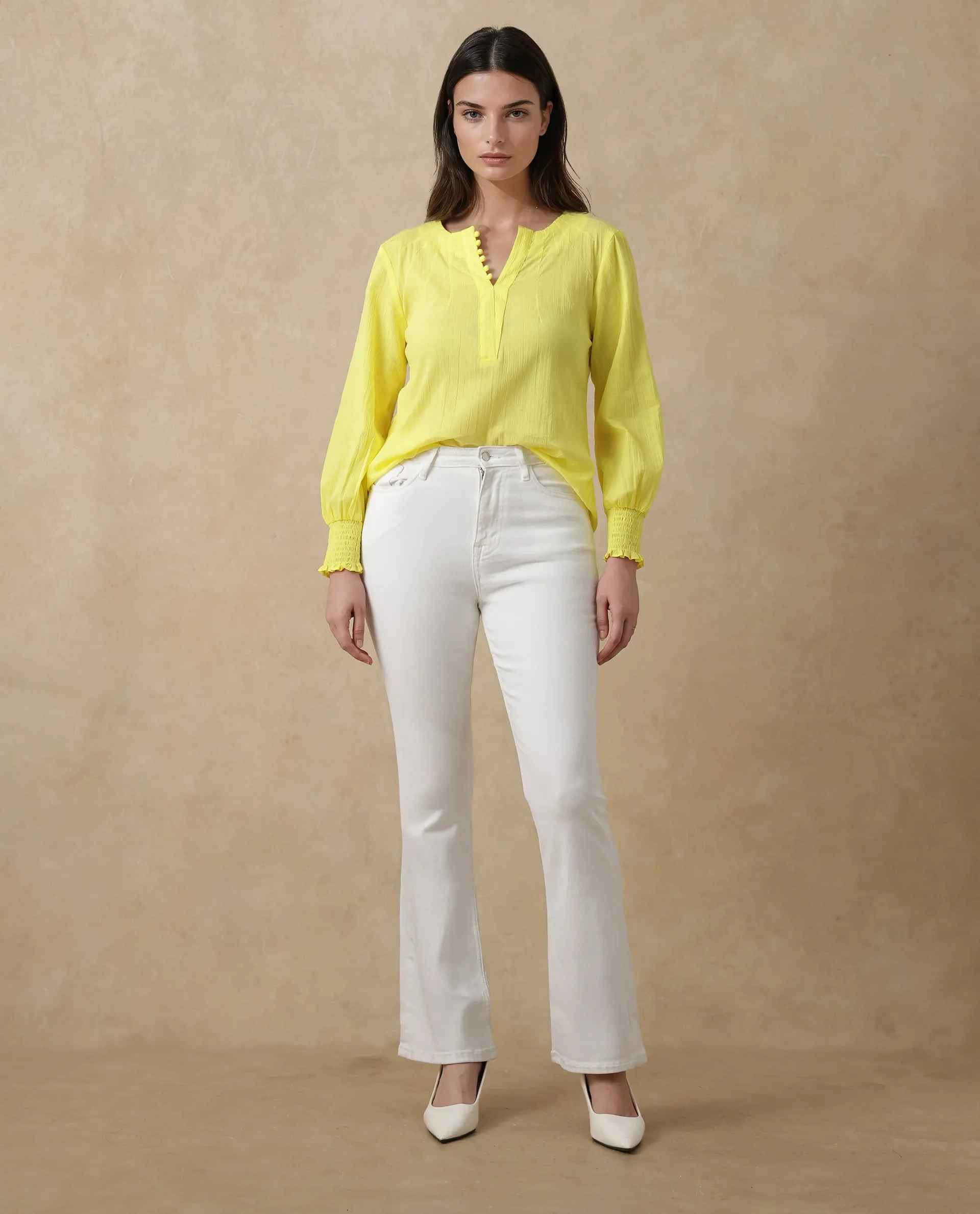 Rareism Women's Mante Yellow Cotton Crew Neck Plain Bishop Sleeve Regular Fit Top - Image 7