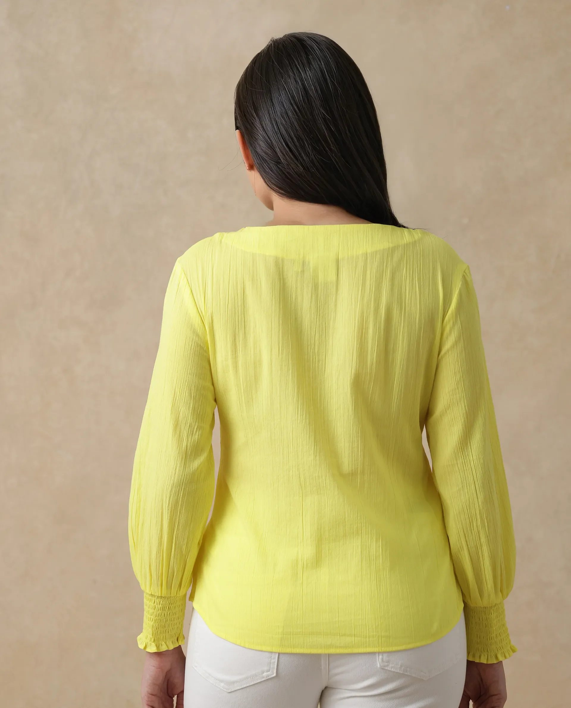 Rareism Women's Mante Yellow Cotton Crew Neck Plain Bishop Sleeve Regular Fit Top - Image 8
