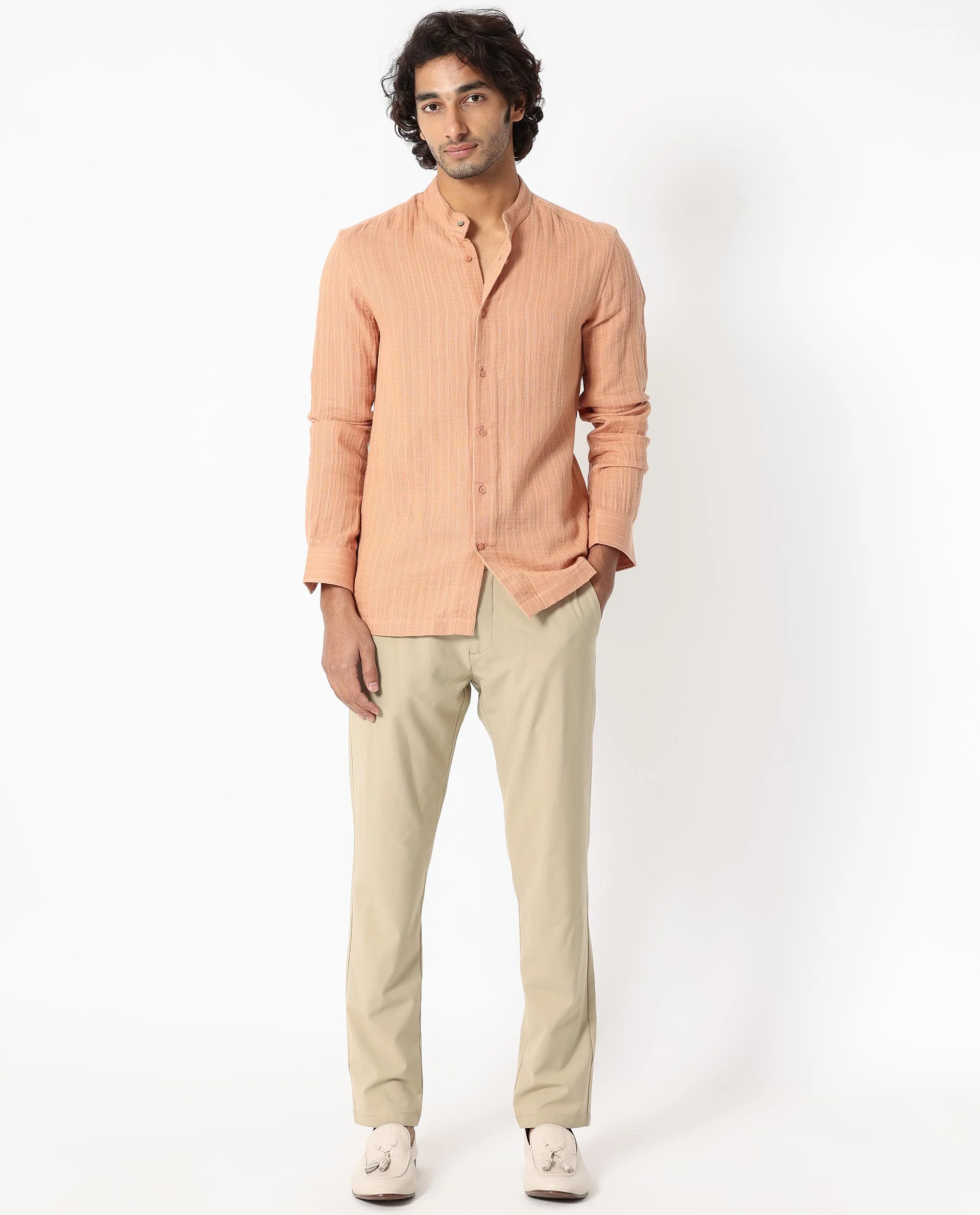 Rare Rabbit Men's Manzar Beige Cotton Striped Print Regular Fit Full Sleeve Mandarin Collar Shirt - Image 2