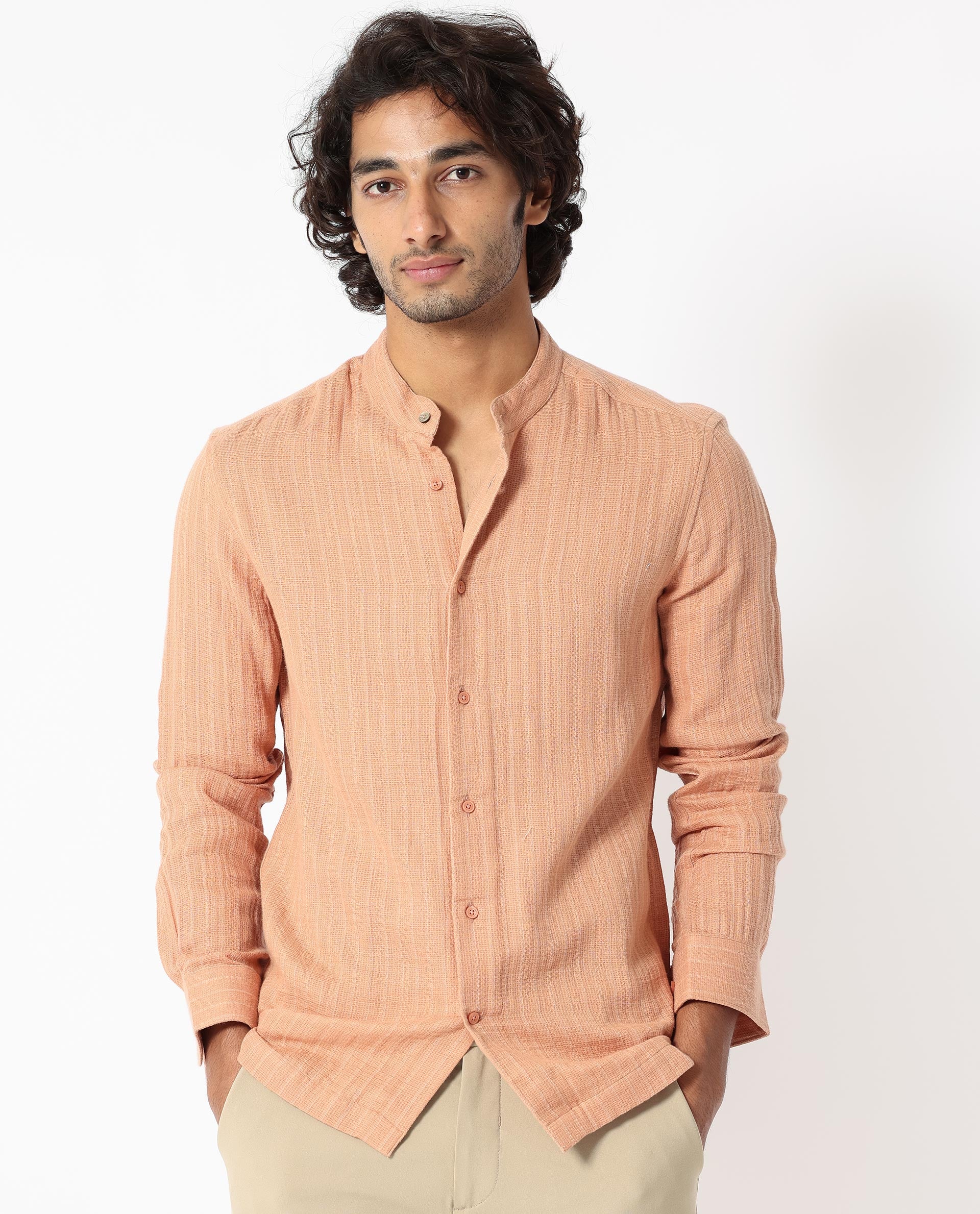 Rare Rabbit Men's Manzar Beige Cotton Striped Print Regular Fit Full Sleeve Mandarin Collar Shirt - Image 3