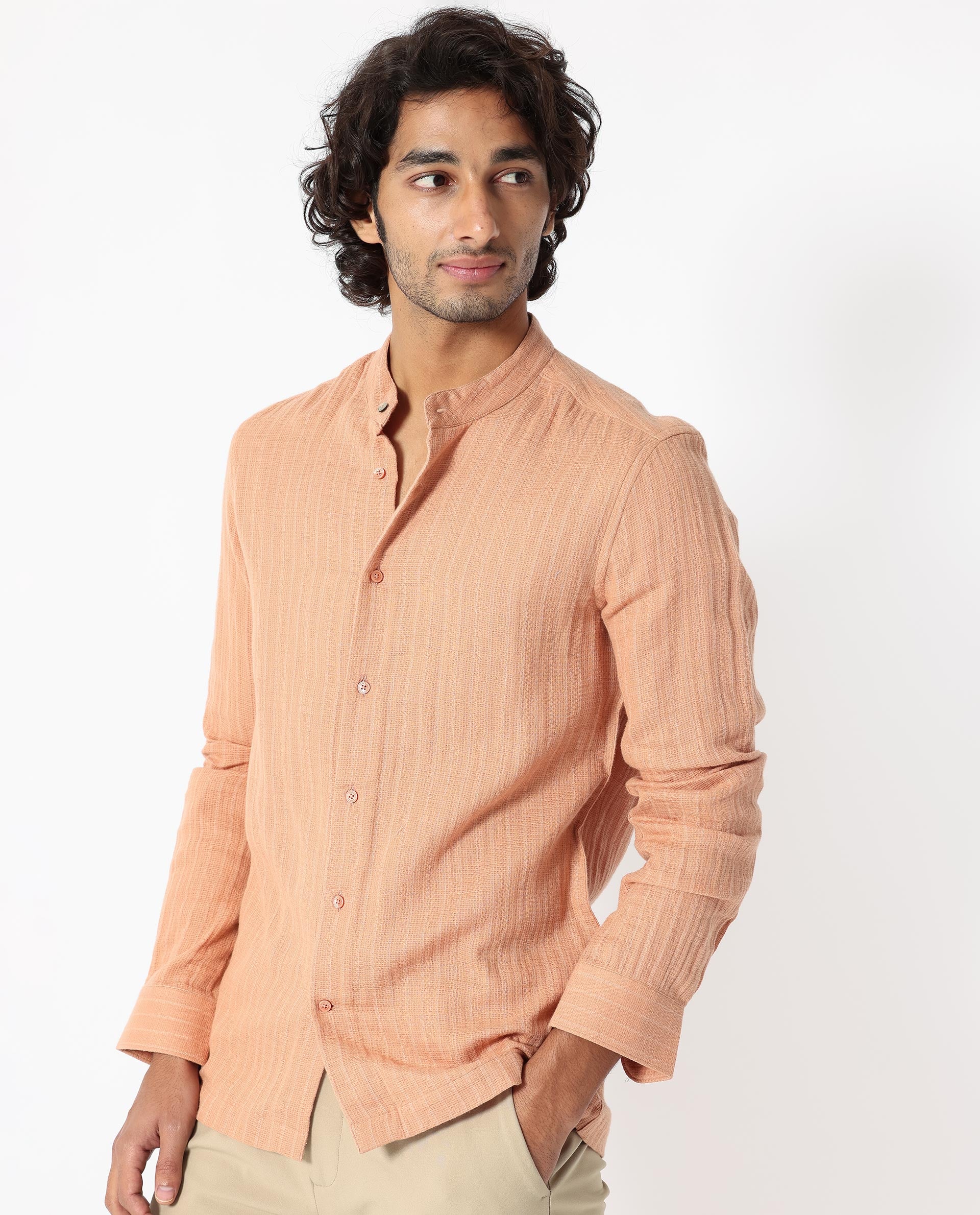 Rare Rabbit Men's Manzar Beige Cotton Striped Print Regular Fit Full Sleeve Mandarin Collar Shirt - Image 6