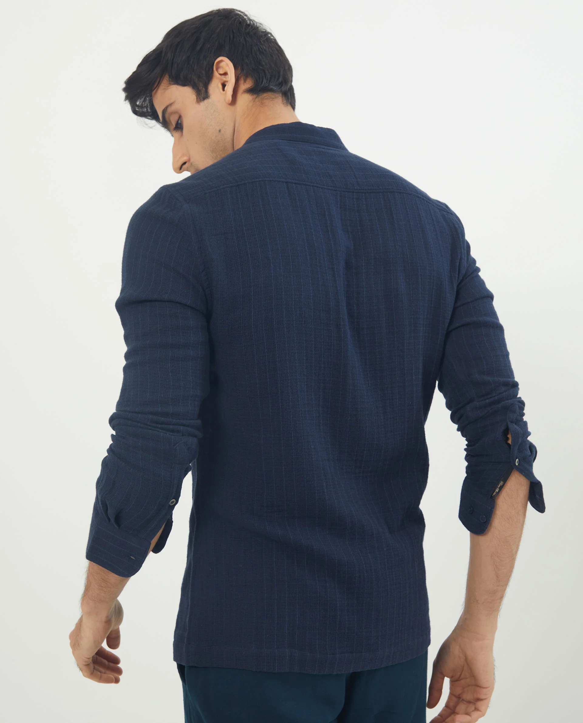 Rare Rabbit Men's Manzar Navy Cotton Striped Print Regular Fit Full Sleeve Mandarin Collar Shirt - Image 11
