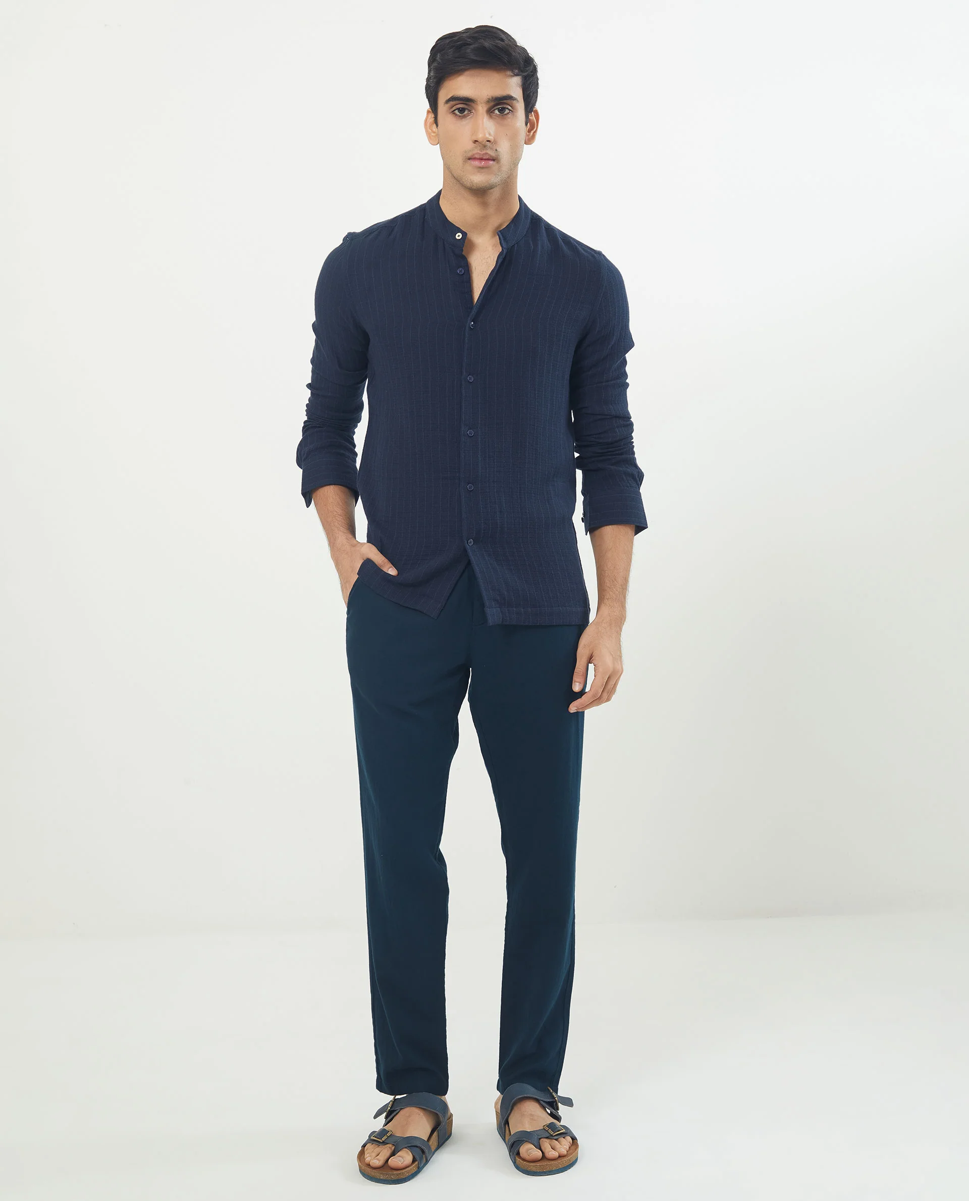 Rare Rabbit Men's Manzar Navy Cotton Striped Print Regular Fit Full Sleeve Mandarin Collar Shirt - Image 2