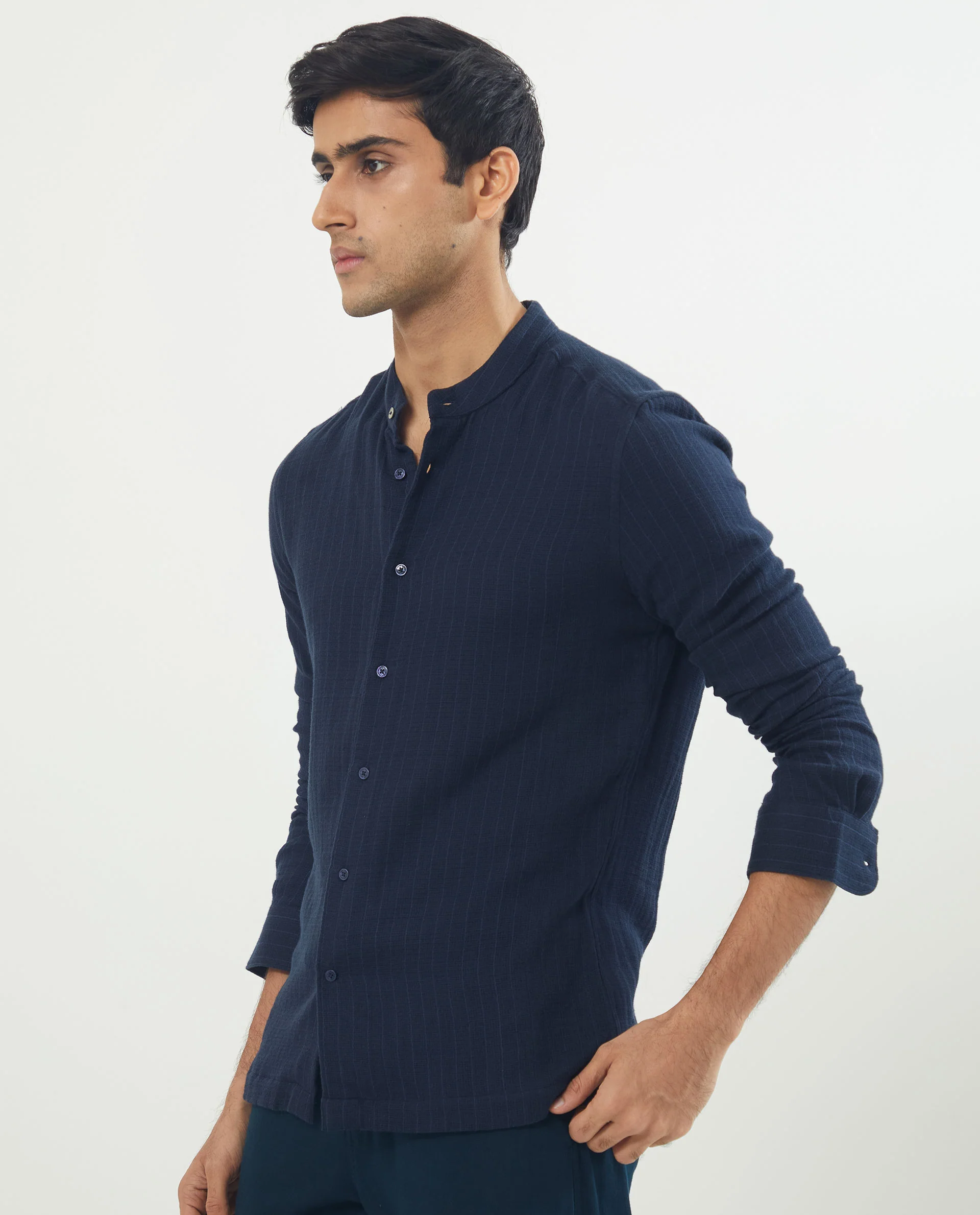 Rare Rabbit Men's Manzar Navy Cotton Striped Print Regular Fit Full Sleeve Mandarin Collar Shirt - Image 4