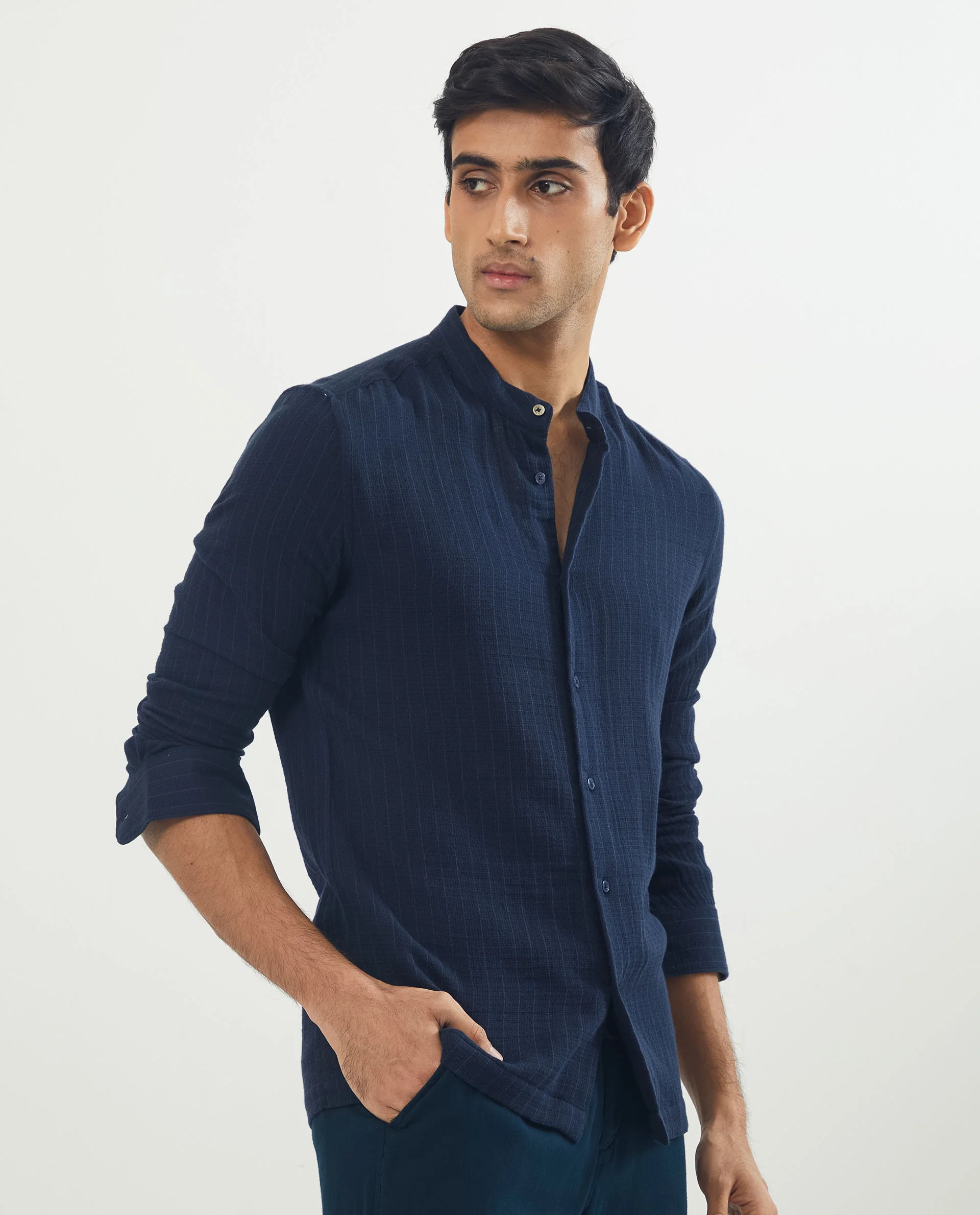 Rare Rabbit Men's Manzar Navy Cotton Striped Print Regular Fit Full Sleeve Mandarin Collar Shirt - Image 6
