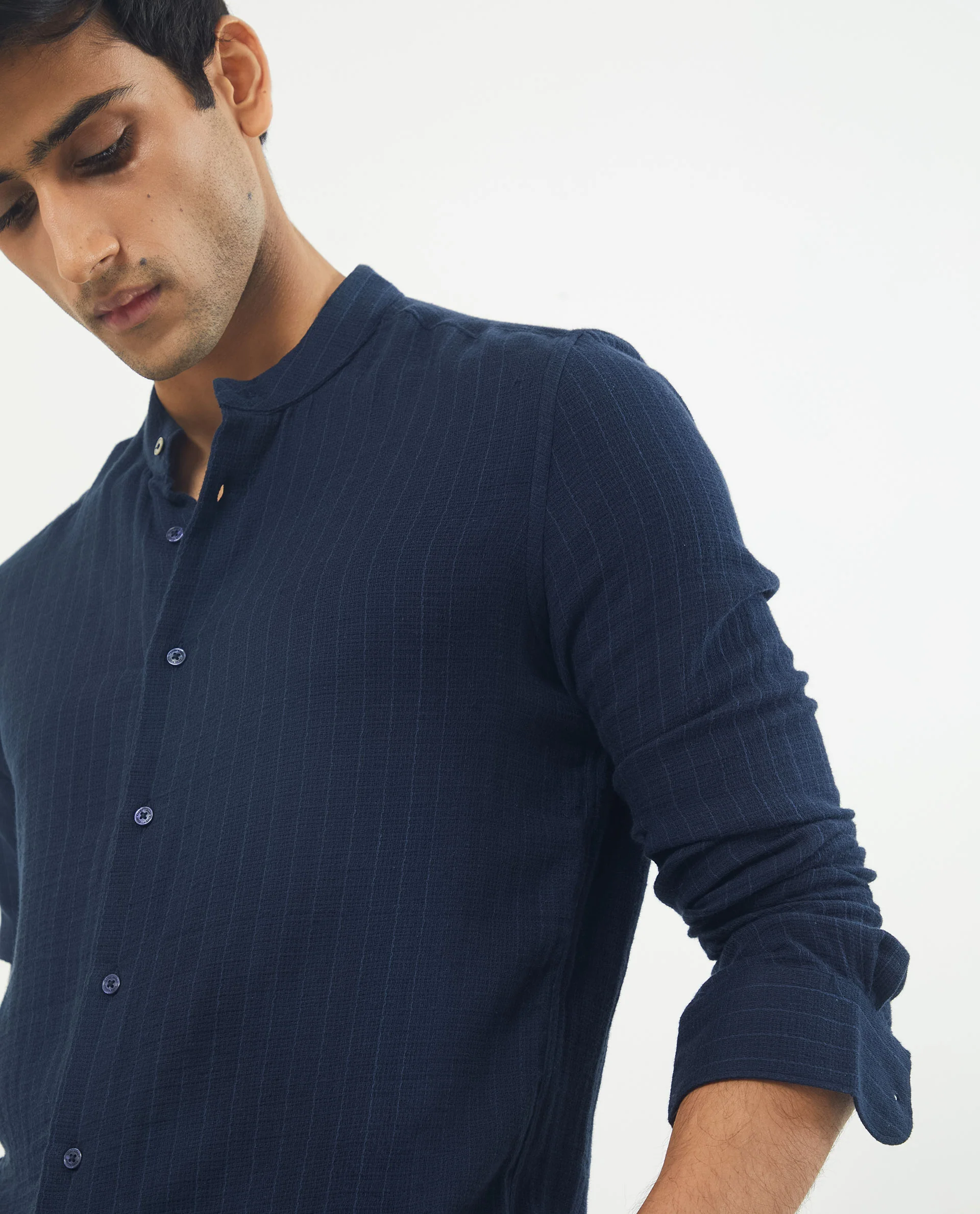 Rare Rabbit Men's Manzar Navy Cotton Striped Print Regular Fit Full Sleeve Mandarin Collar Shirt - Image 7
