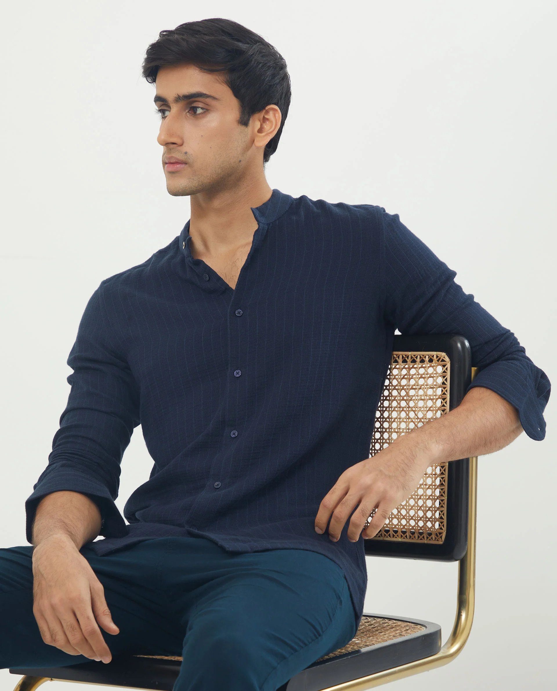 Rare Rabbit Men's Manzar Navy Cotton Striped Print Regular Fit Full Sleeve Mandarin Collar Shirt - Image 9