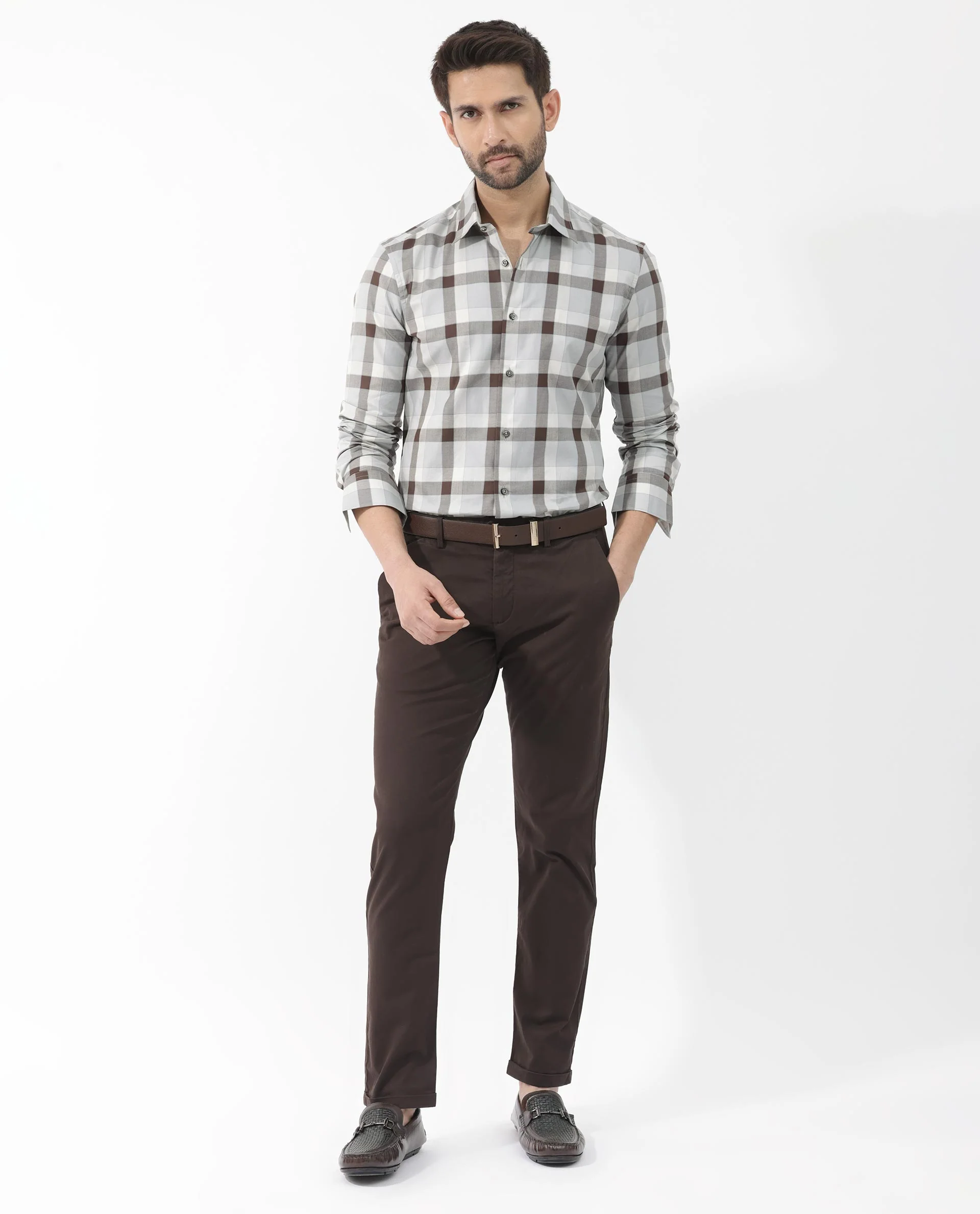 Rare Rabbit Men's Mape Light Grey Cotton Checked Print Regular Fit Full Sleeve Collared Shirt - Image 2