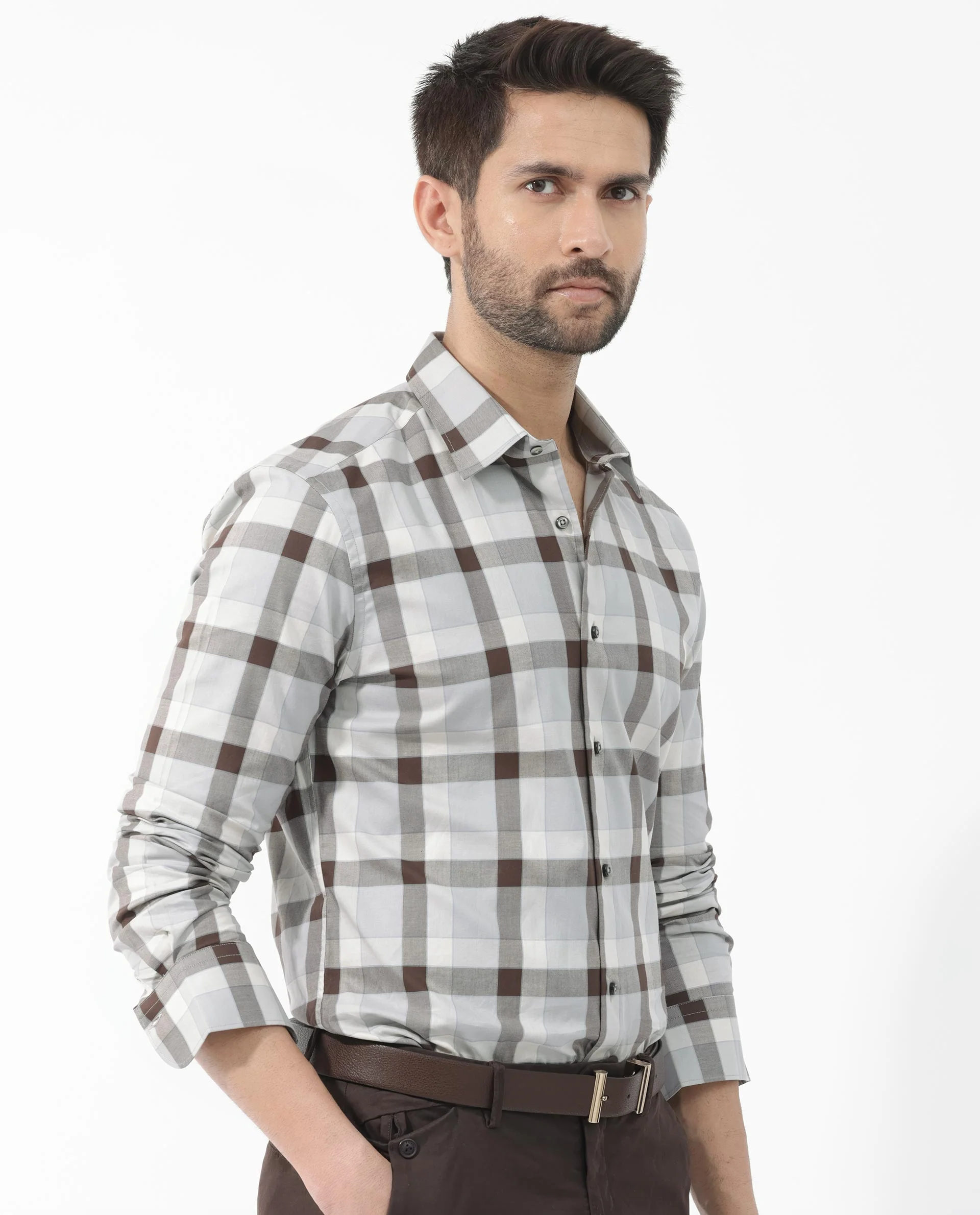 Rare Rabbit Men's Mape Light Grey Cotton Checked Print Regular Fit Full Sleeve Collared Shirt - Image 3