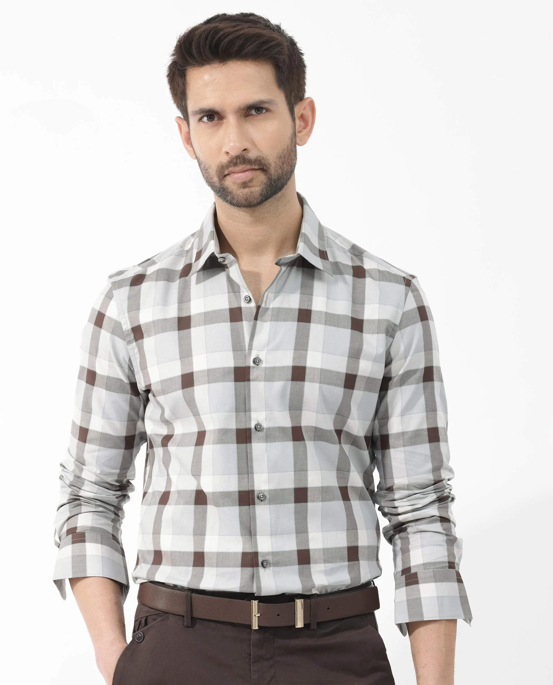 Rare Rabbit Men's Mape Light Grey Cotton Checked Print Regular Fit Full Sleeve Collared Shirt - Image 5