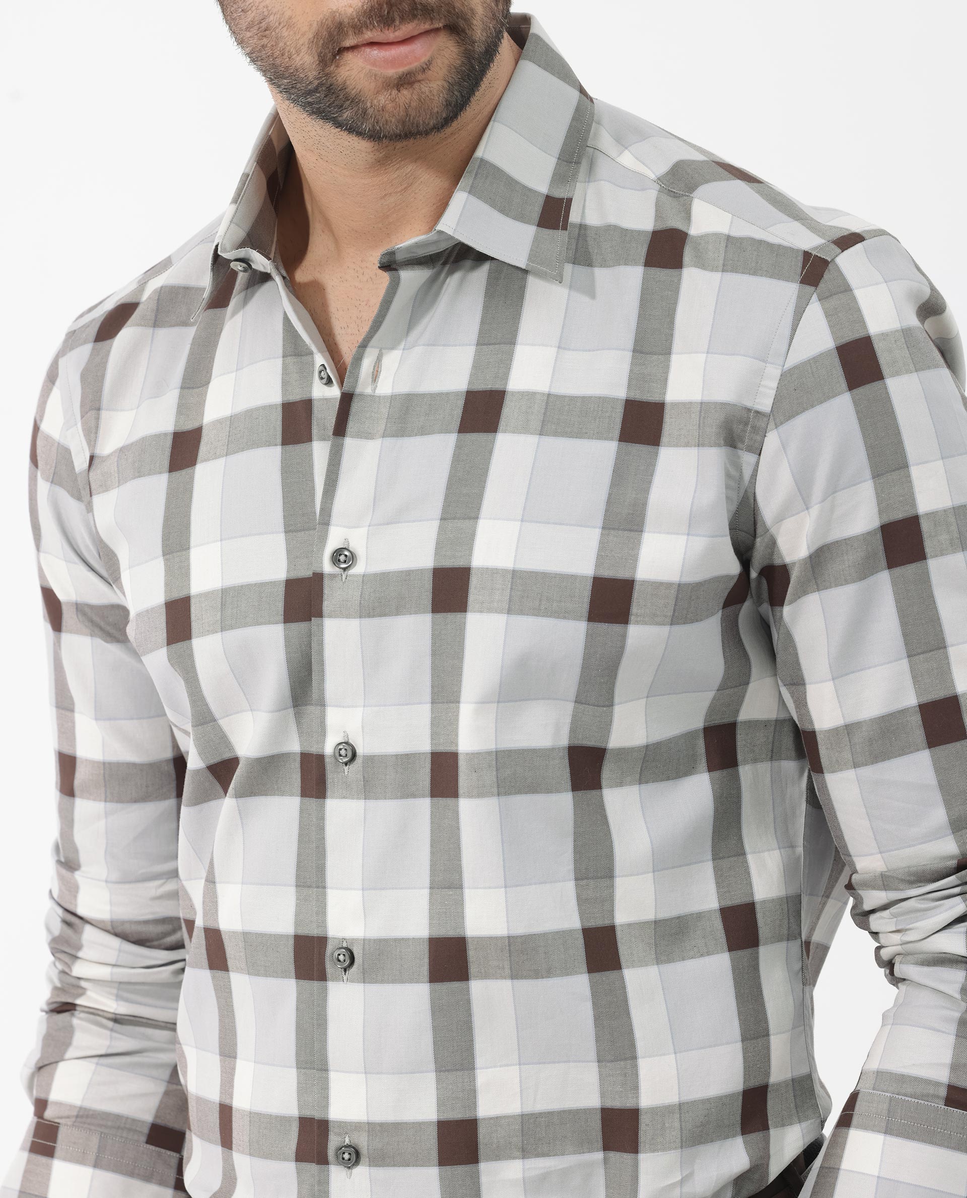 Rare Rabbit Men's Mape Light Grey Cotton Checked Print Regular Fit Full Sleeve Collared Shirt - Image 6