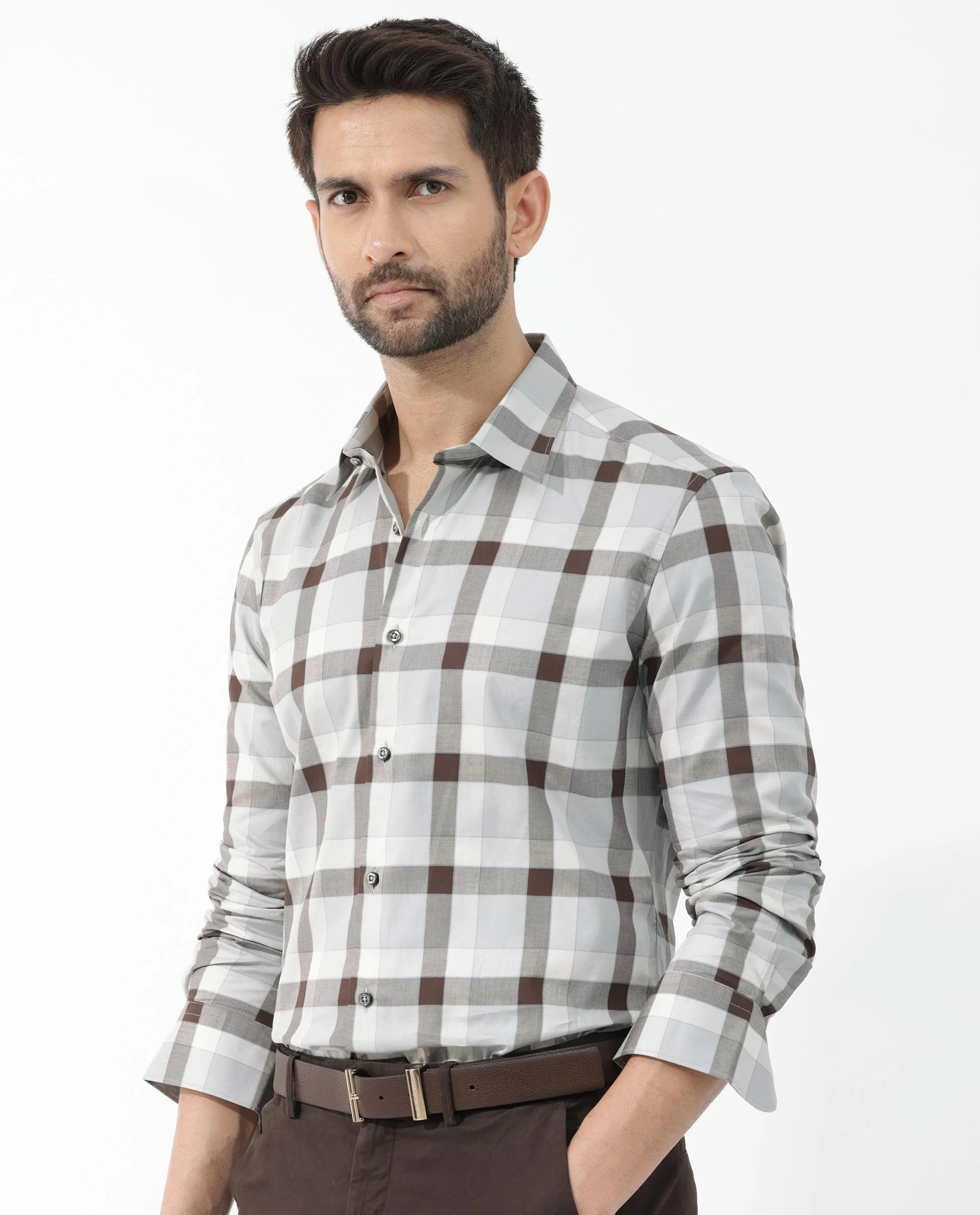 Rare Rabbit Men's Mape Light Grey Cotton Checked Print Regular Fit Full Sleeve Collared Shirt - Image 7