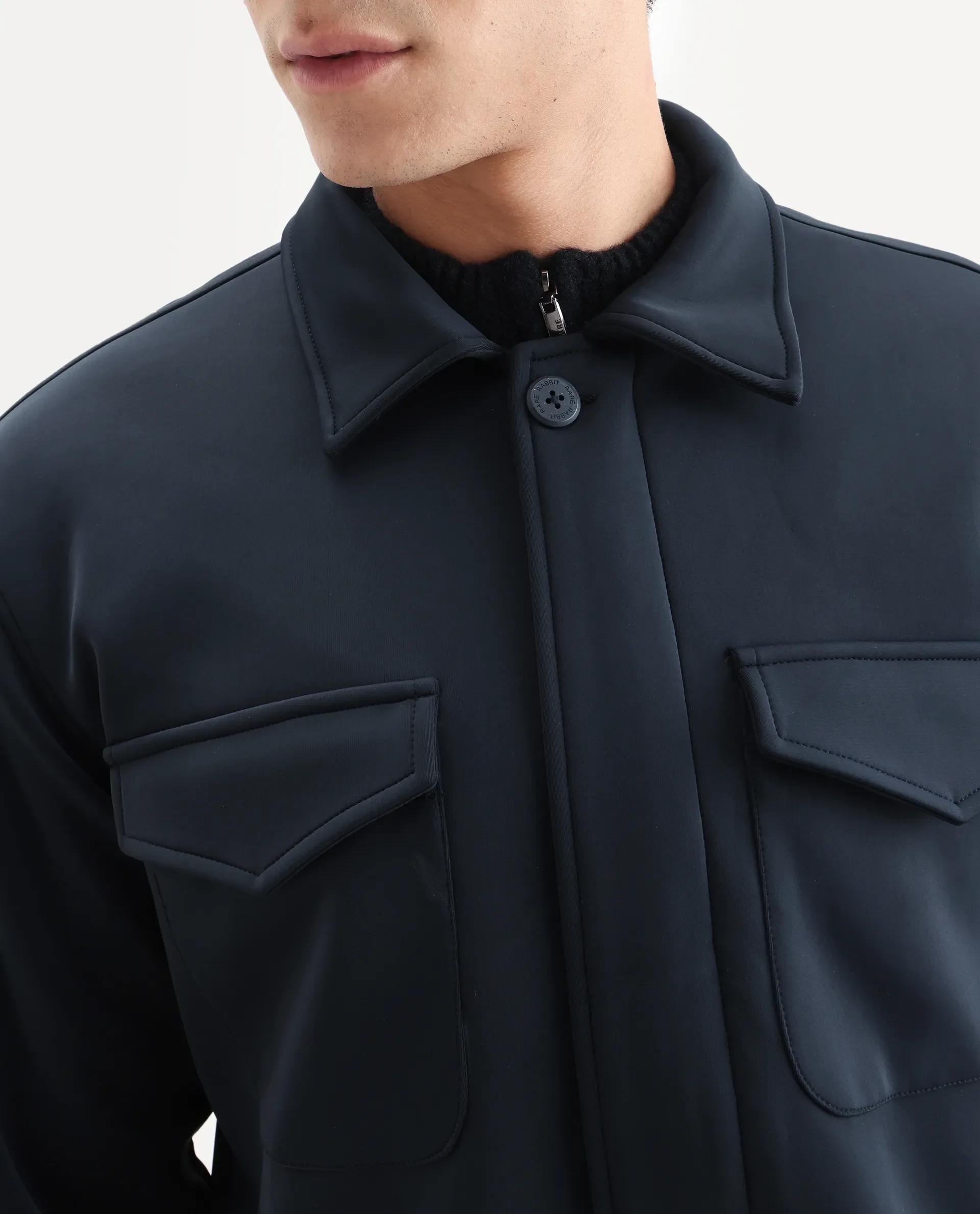 Rare Rabbit Men's Mapi Navy Nylon Plain Regular Fit Full Sleeve Spread Collar Jacket - Image 3