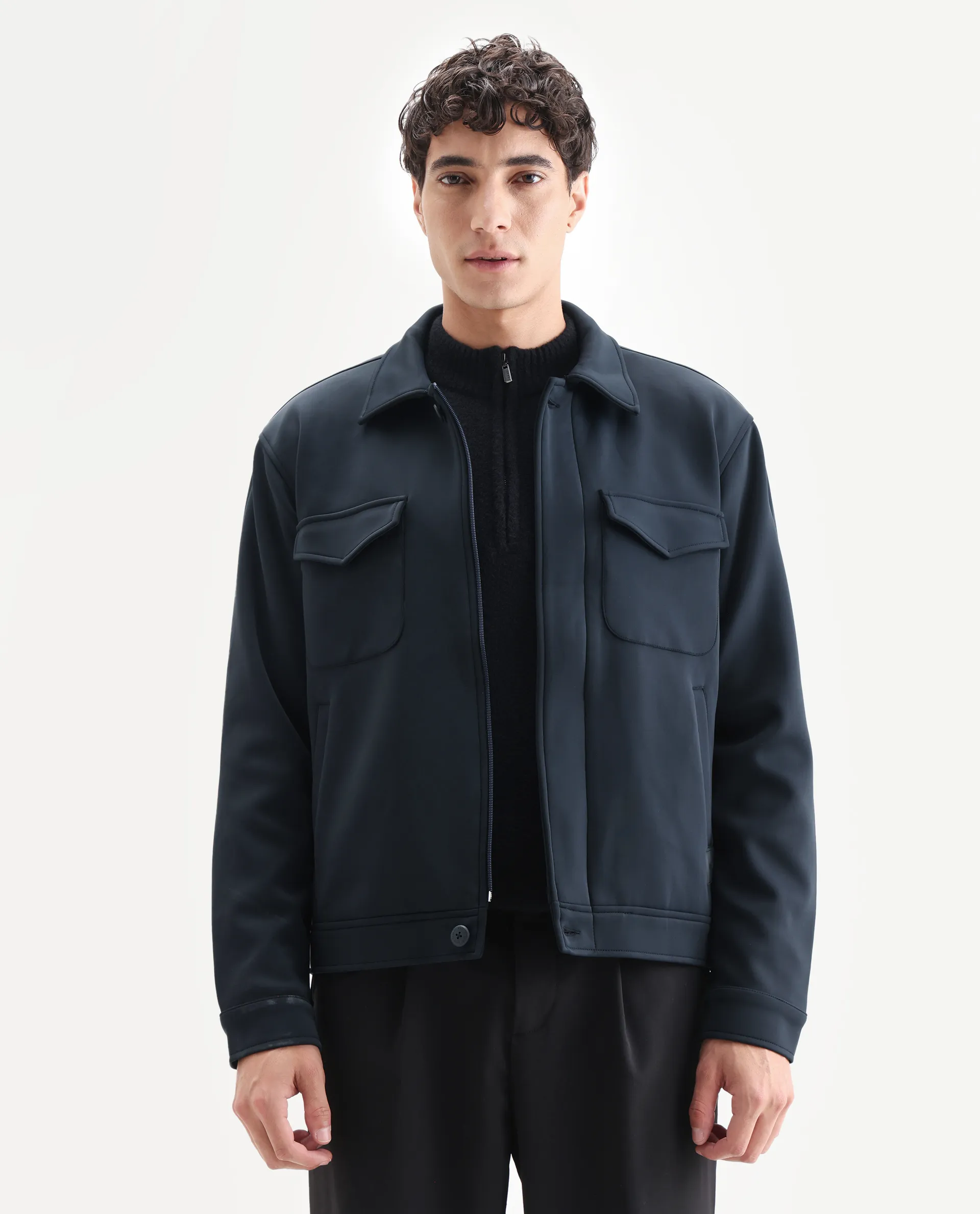 Rare Rabbit Men's Mapi Navy Nylon Plain Regular Fit Full Sleeve Spread Collar Jacket - Image 4