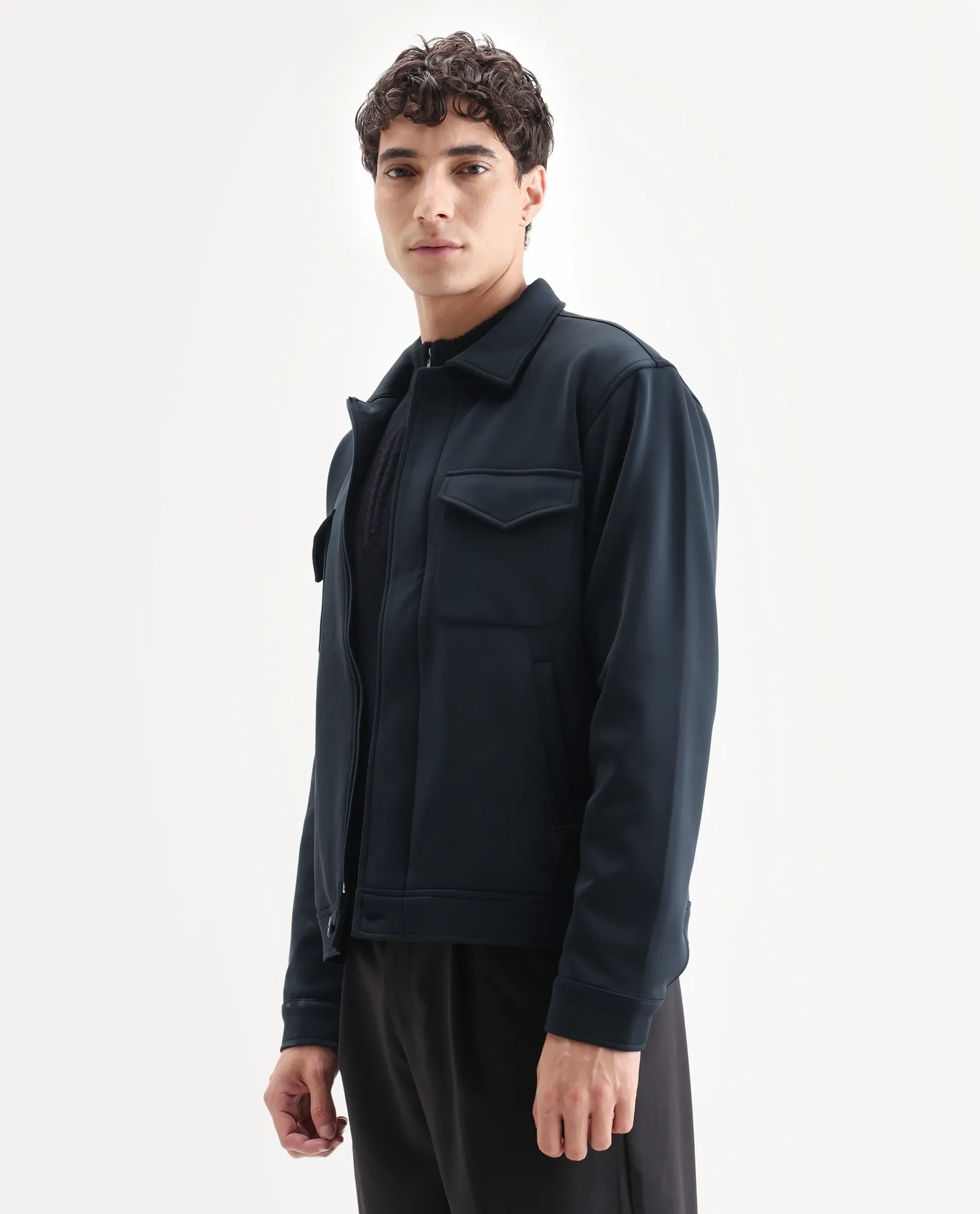 Rare Rabbit Men's Mapi Navy Nylon Plain Regular Fit Full Sleeve Spread Collar Jacket - Image 5