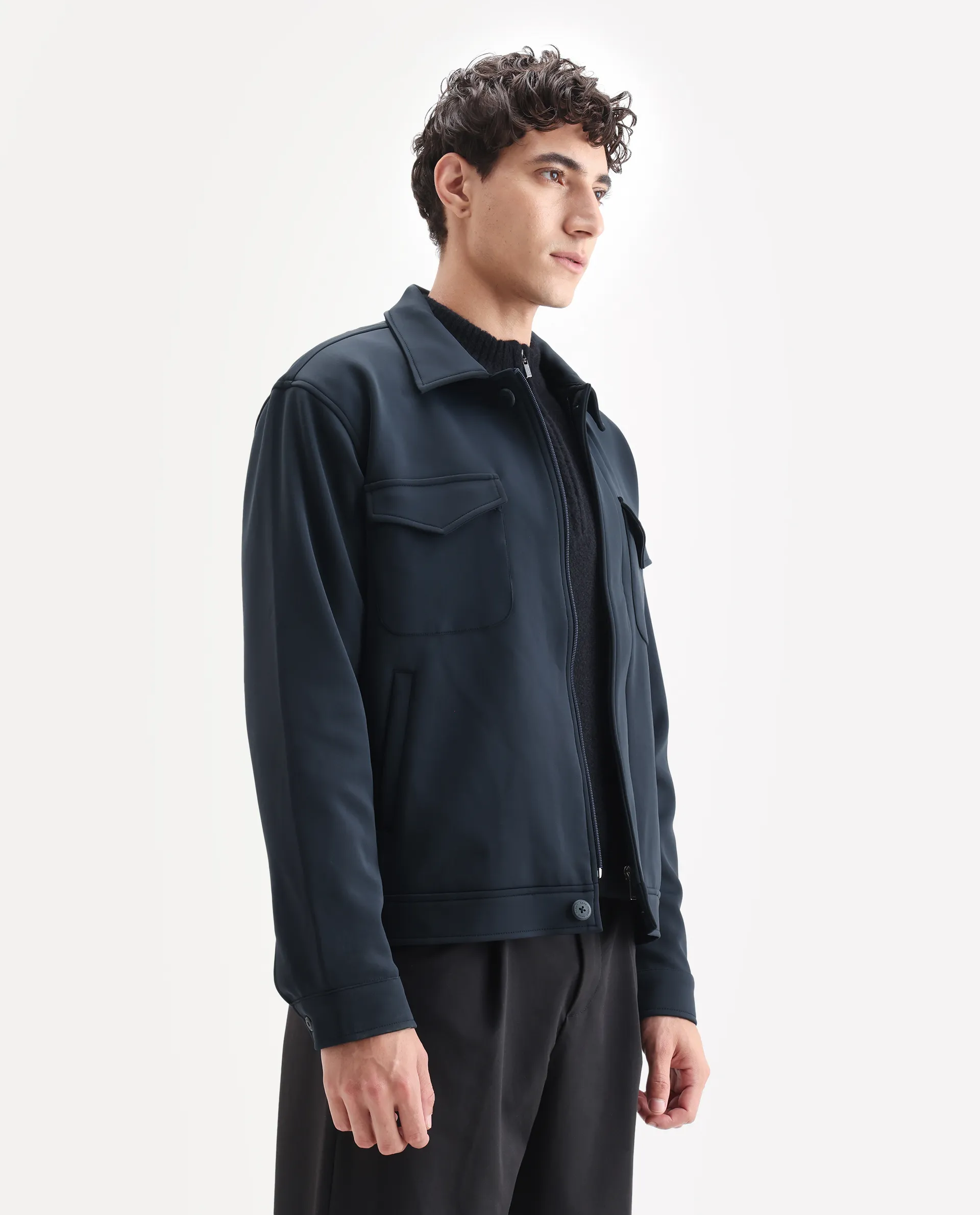 Rare Rabbit Men's Mapi Navy Nylon Plain Regular Fit Full Sleeve Spread Collar Jacket - Image 6