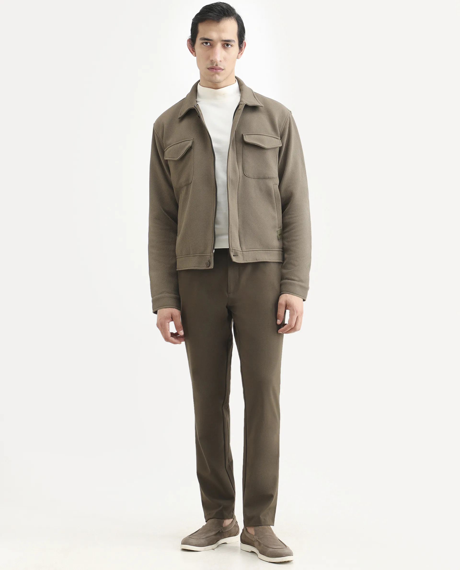 Rare Rabbit Men's Mapis Olive Polyester Plain Regular Fit Full Sleeve Curved Collar Jacket - Image 2
