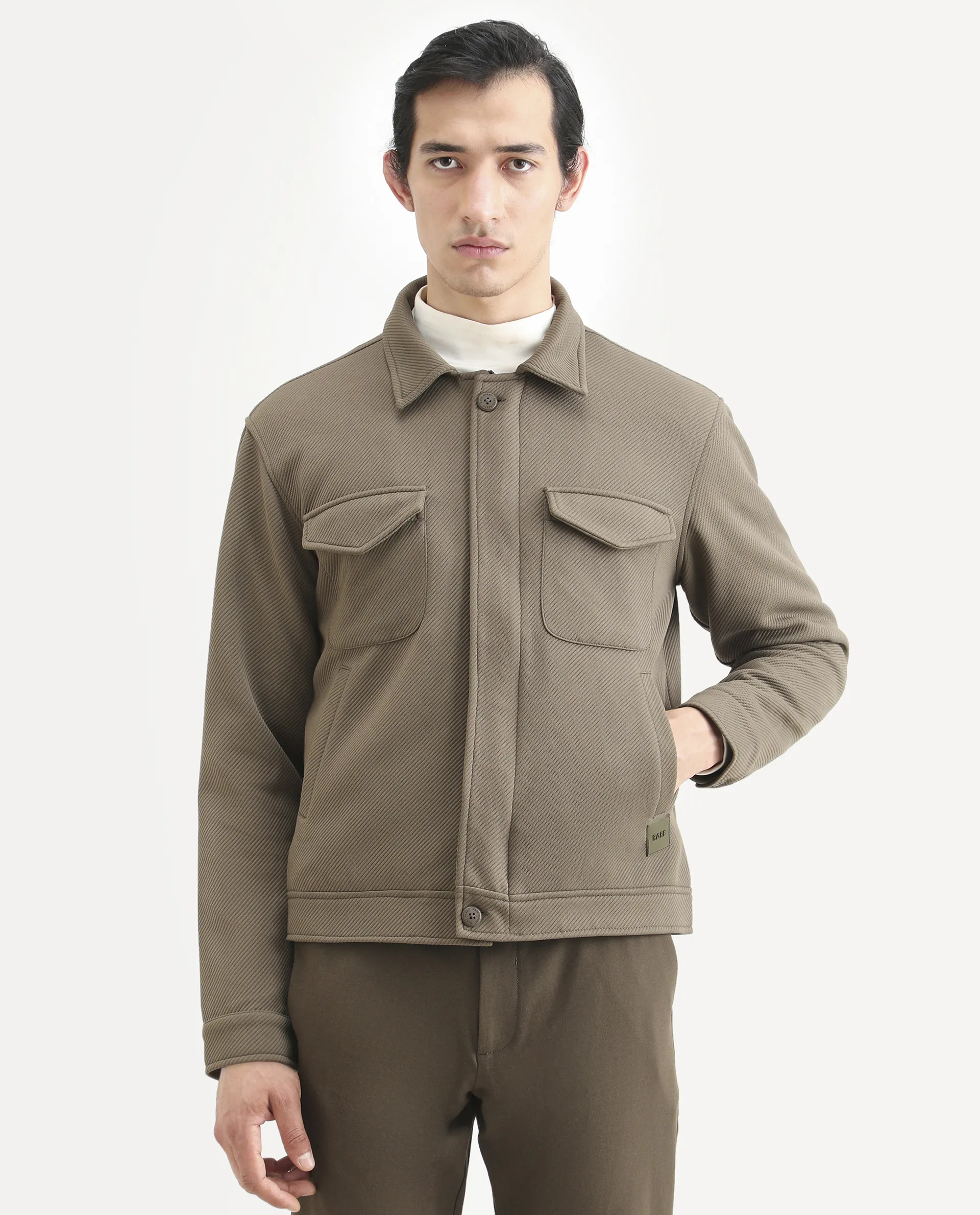 Rare Rabbit Men's Mapis Olive Polyester Plain Regular Fit Full Sleeve Curved Collar Jacket - Image 3