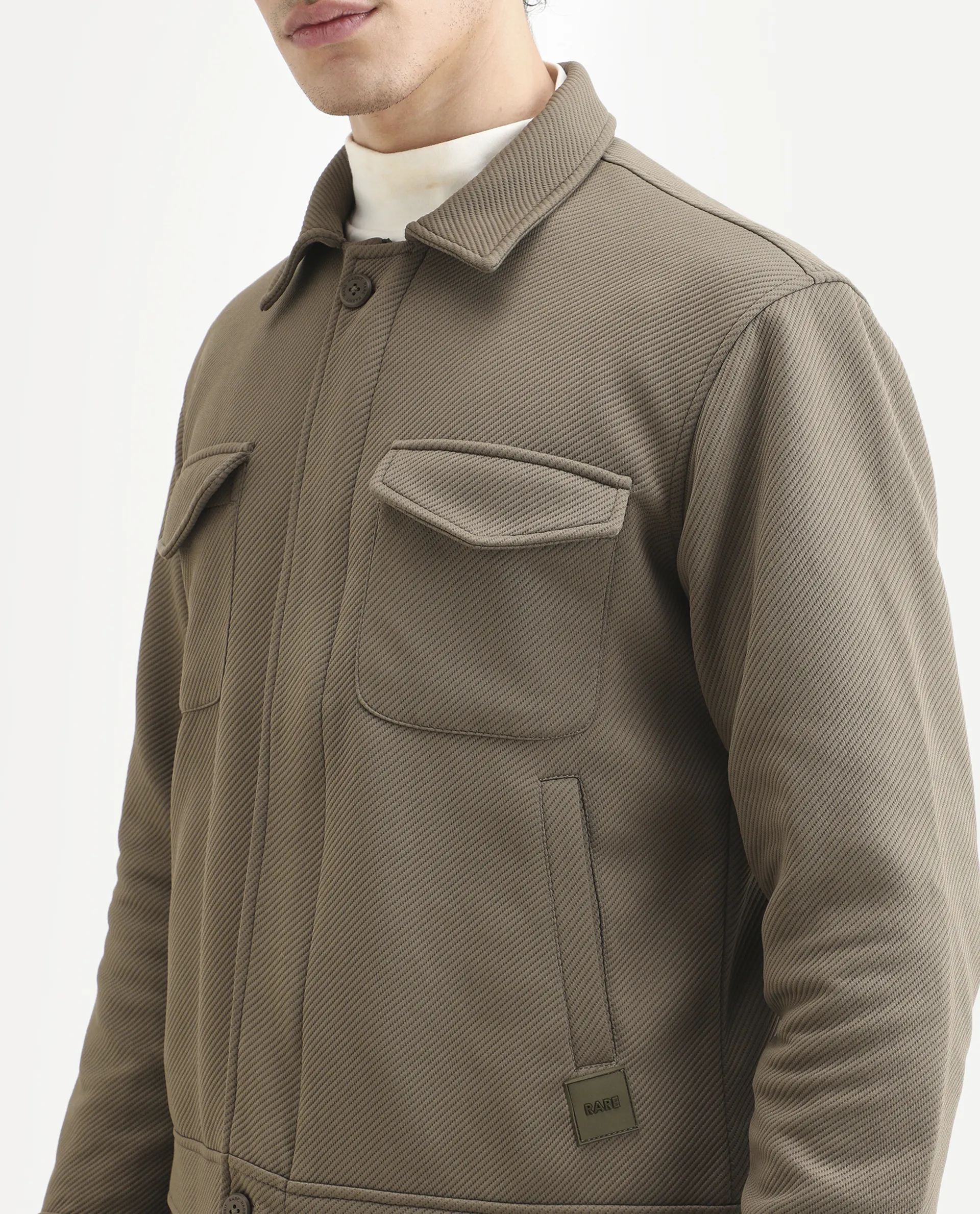 Rare Rabbit Men's Mapis Olive Polyester Plain Regular Fit Full Sleeve Curved Collar Jacket - Image 4