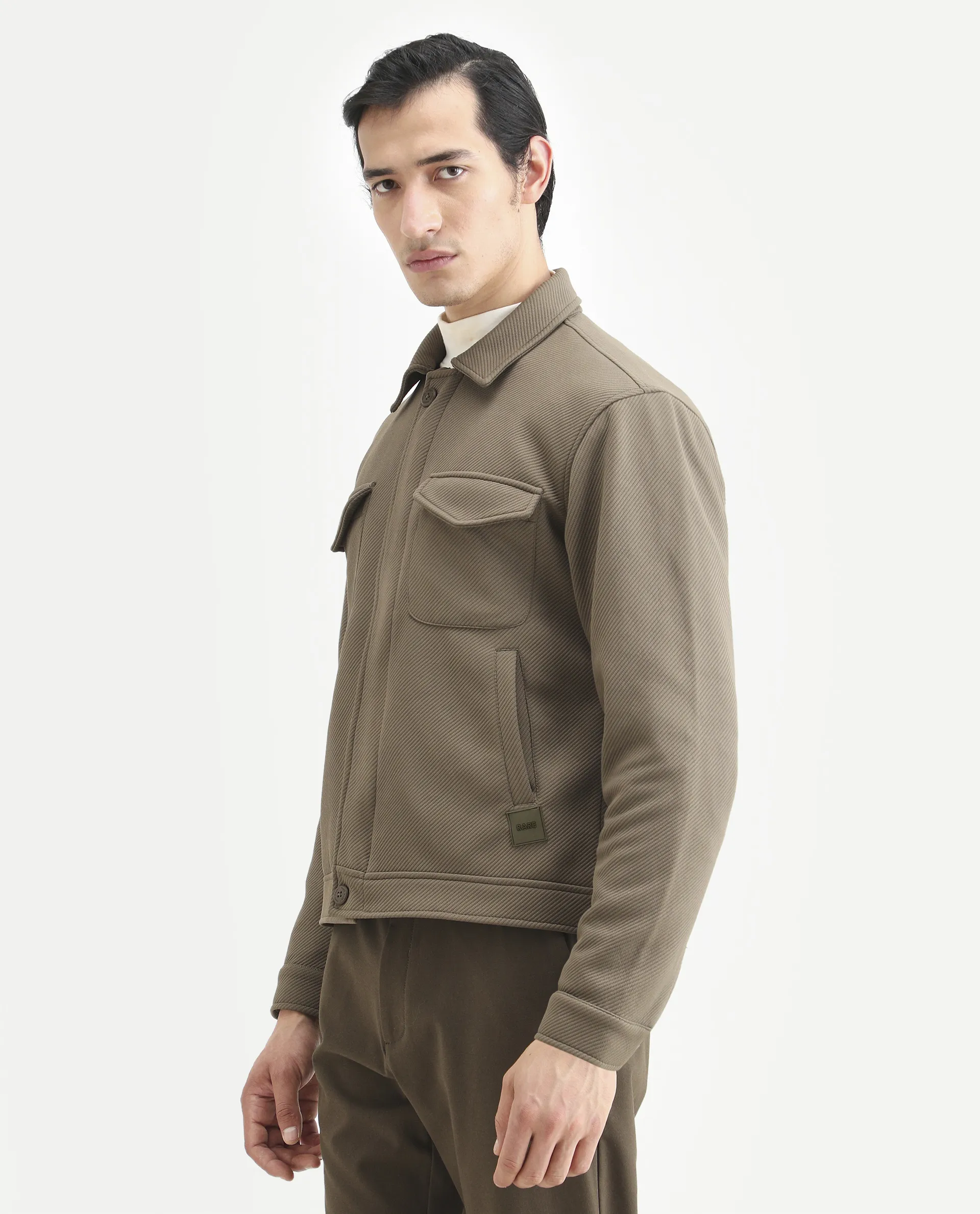 Rare Rabbit Men's Mapis Olive Polyester Plain Regular Fit Full Sleeve Curved Collar Jacket - Image 5